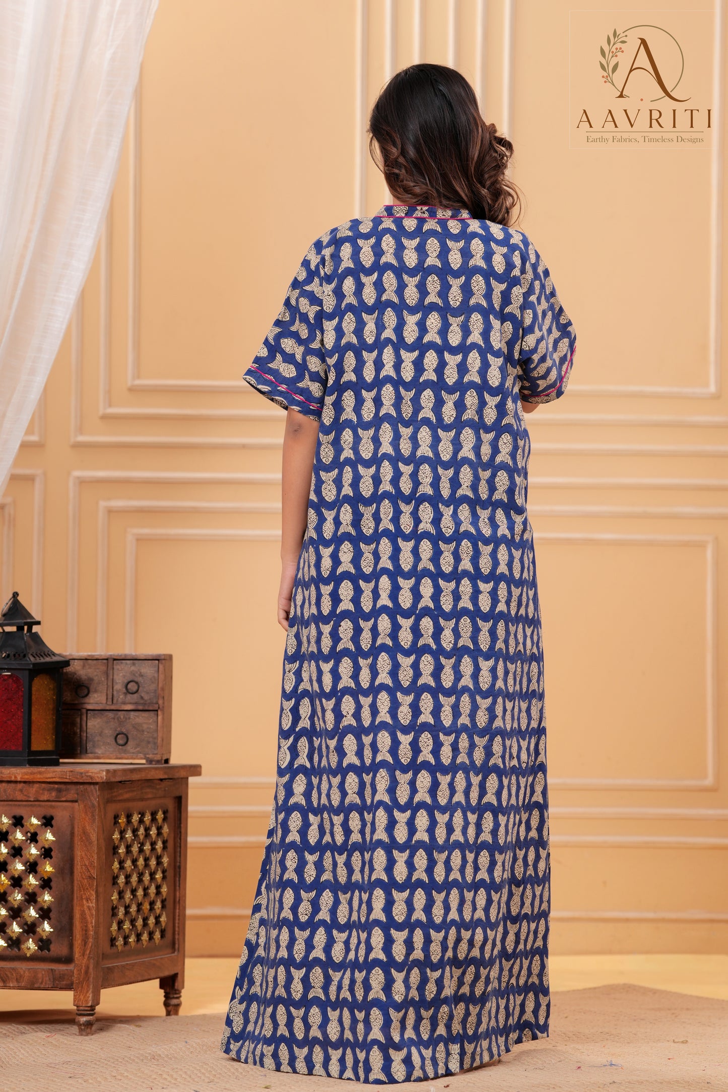 Aavriti Indigo Blue Fish Motif Hand Block Printed Cotton Kaftan