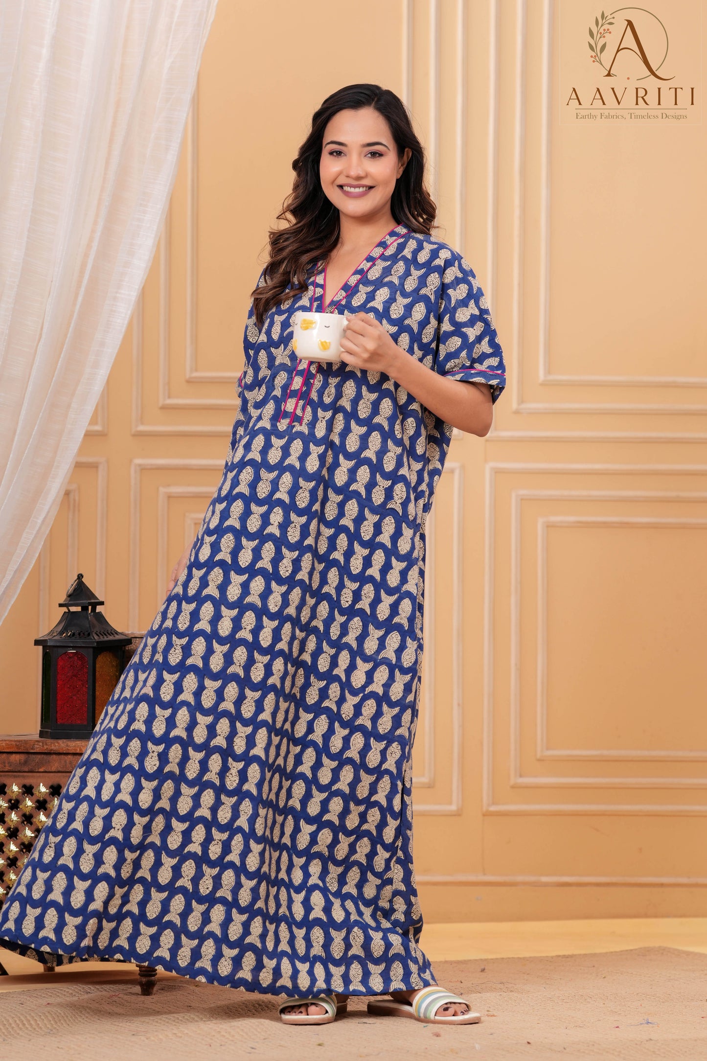 Aavriti Indigo Blue Fish Motif Hand Block Printed Cotton Kaftan