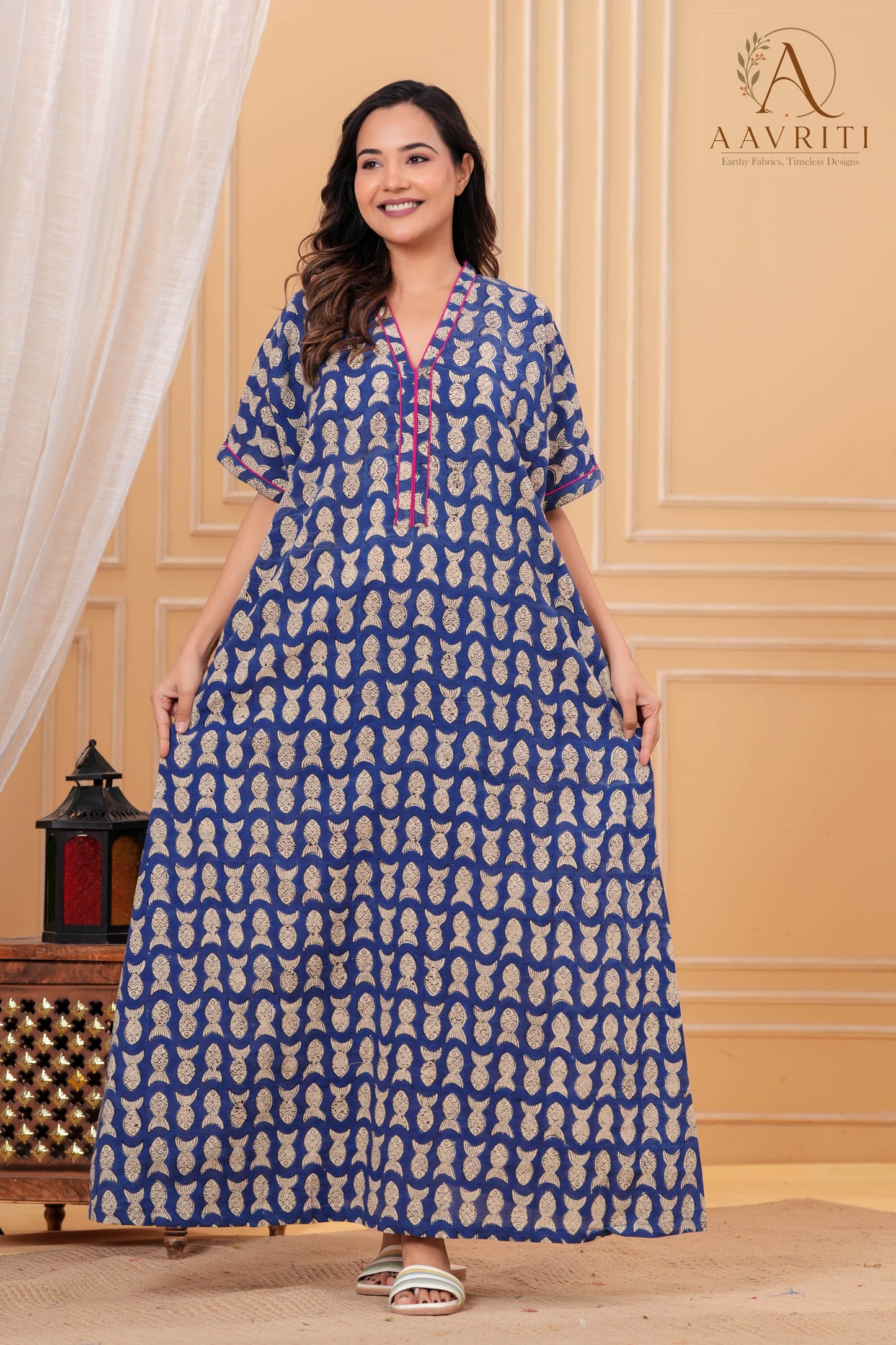 Aavriti Indigo Blue Fish Motif Hand Block Printed Cotton Kaftan