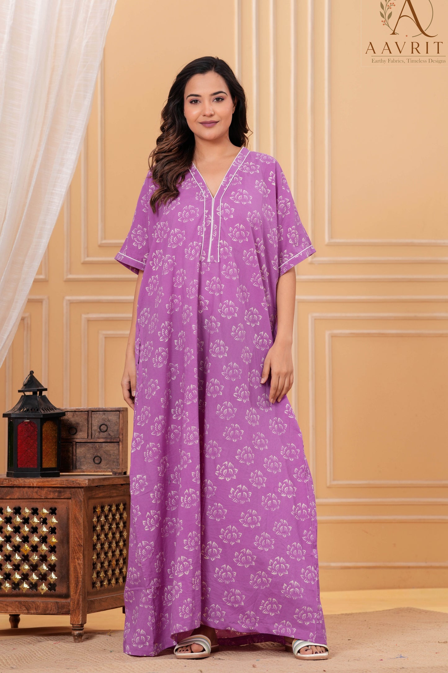 Aavriti Mauve Purple Lotus Motif Hand Block Printed Cotton Kaftan