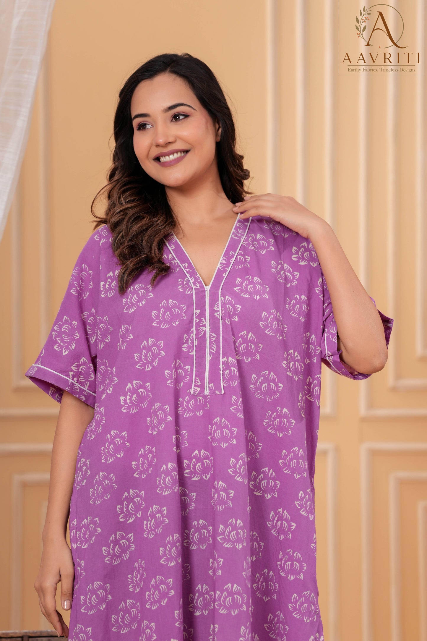 Aavriti Mauve Purple Lotus Motif Hand Block Printed Cotton Kaftan