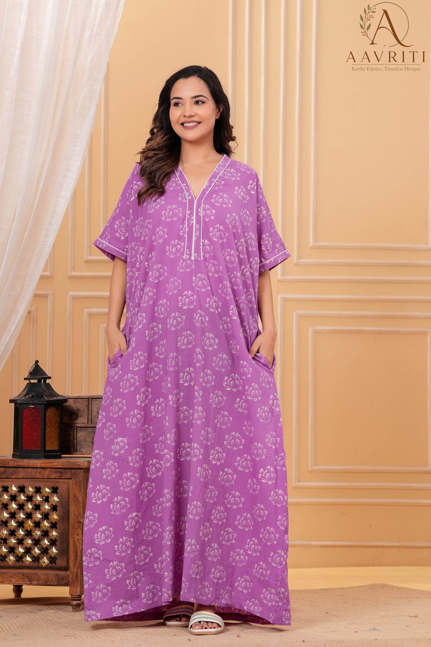 Aavriti Mauve Purple Lotus Motif Hand Block Printed Cotton Kaftan