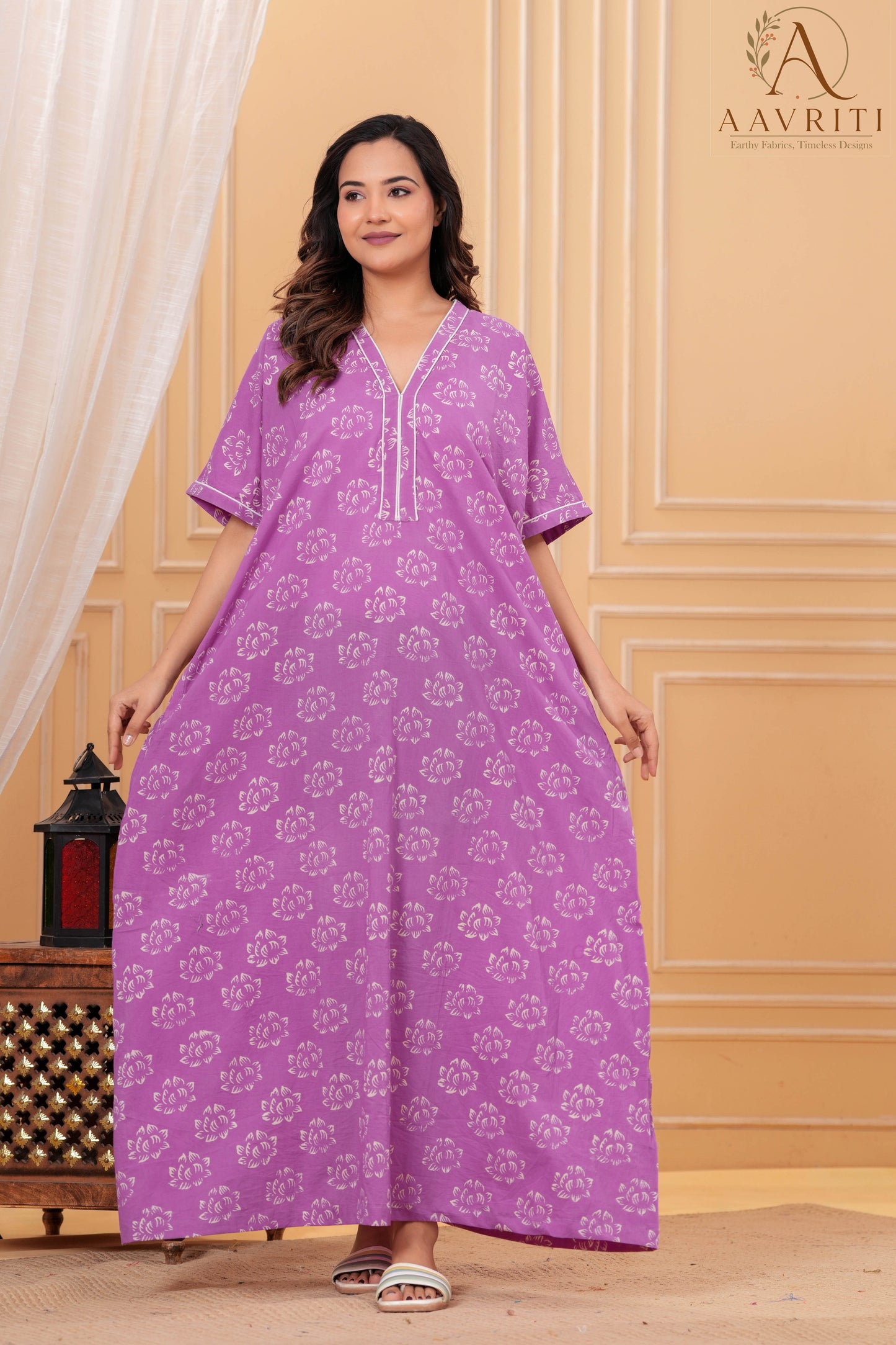 Aavriti Mauve Purple Lotus Motif Hand Block Printed Cotton Kaftan