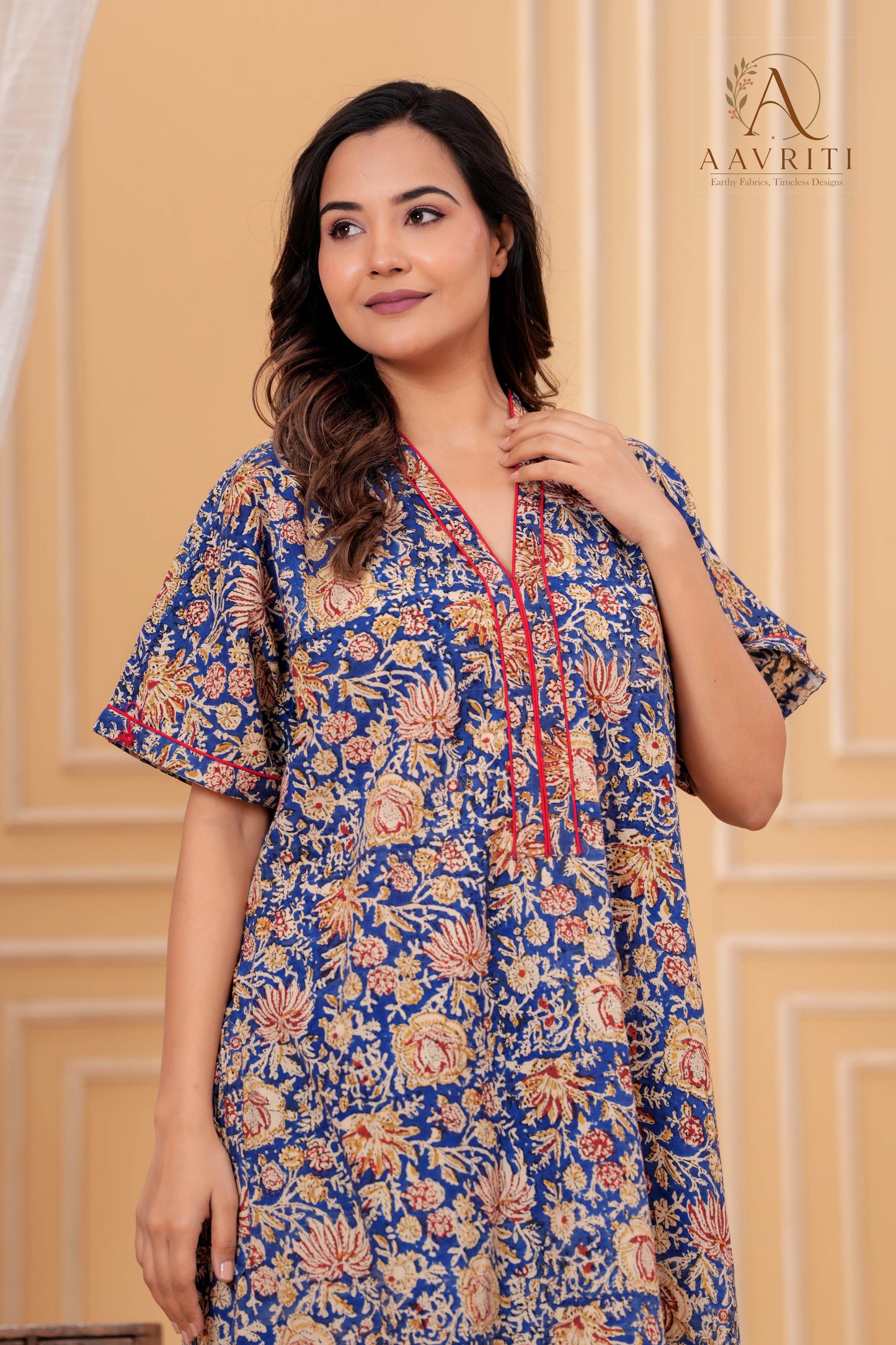 Aavriti Indigo Blue Floral Jaal Hand Block Printed Cotton Kaftan
