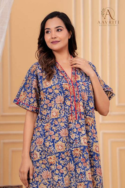 Aavriti Indigo Blue Floral Jaal Hand Block Printed Cotton Kaftan