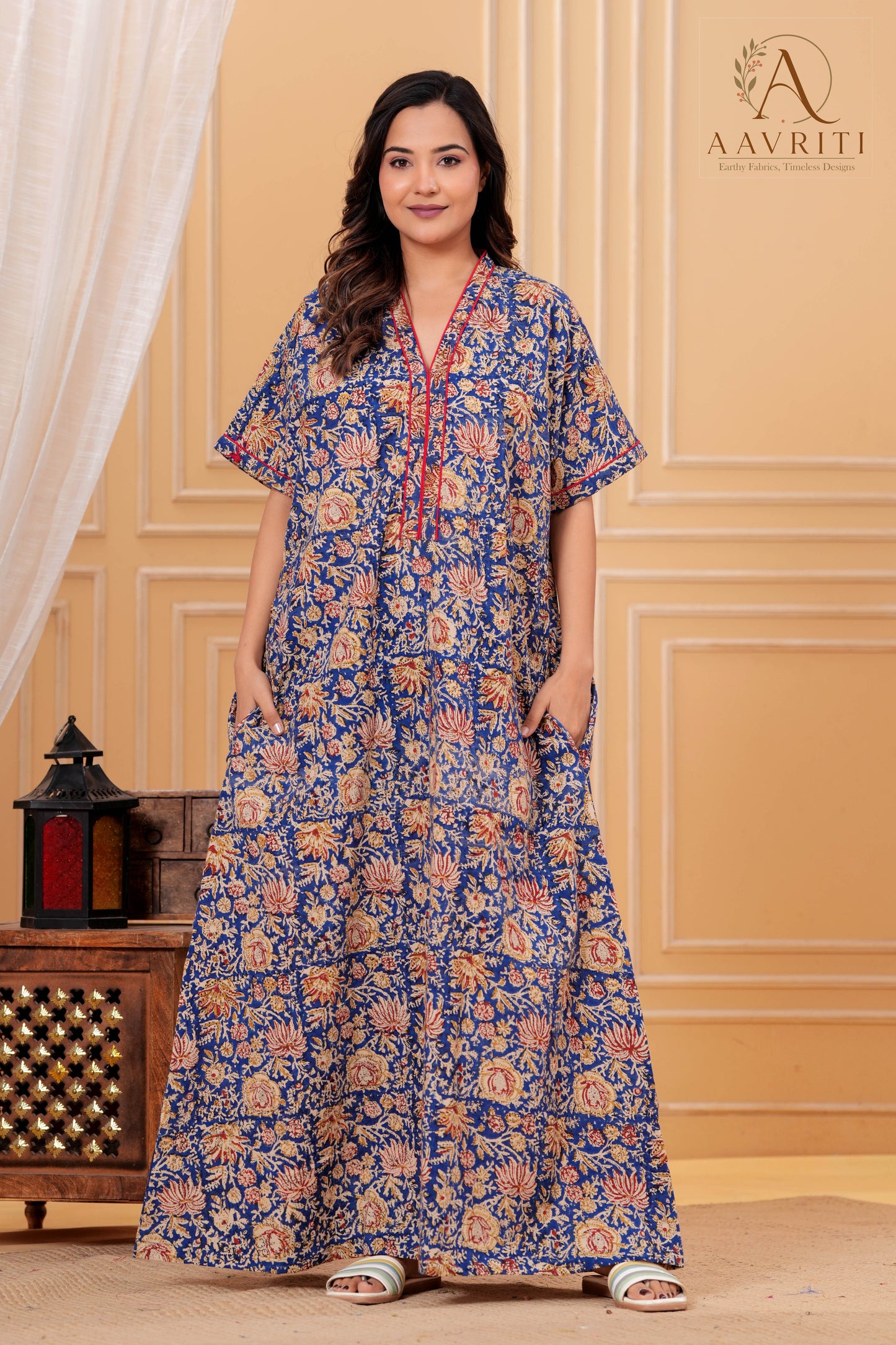 Aavriti Indigo Blue Floral Jaal Hand Block Printed Cotton Kaftan
