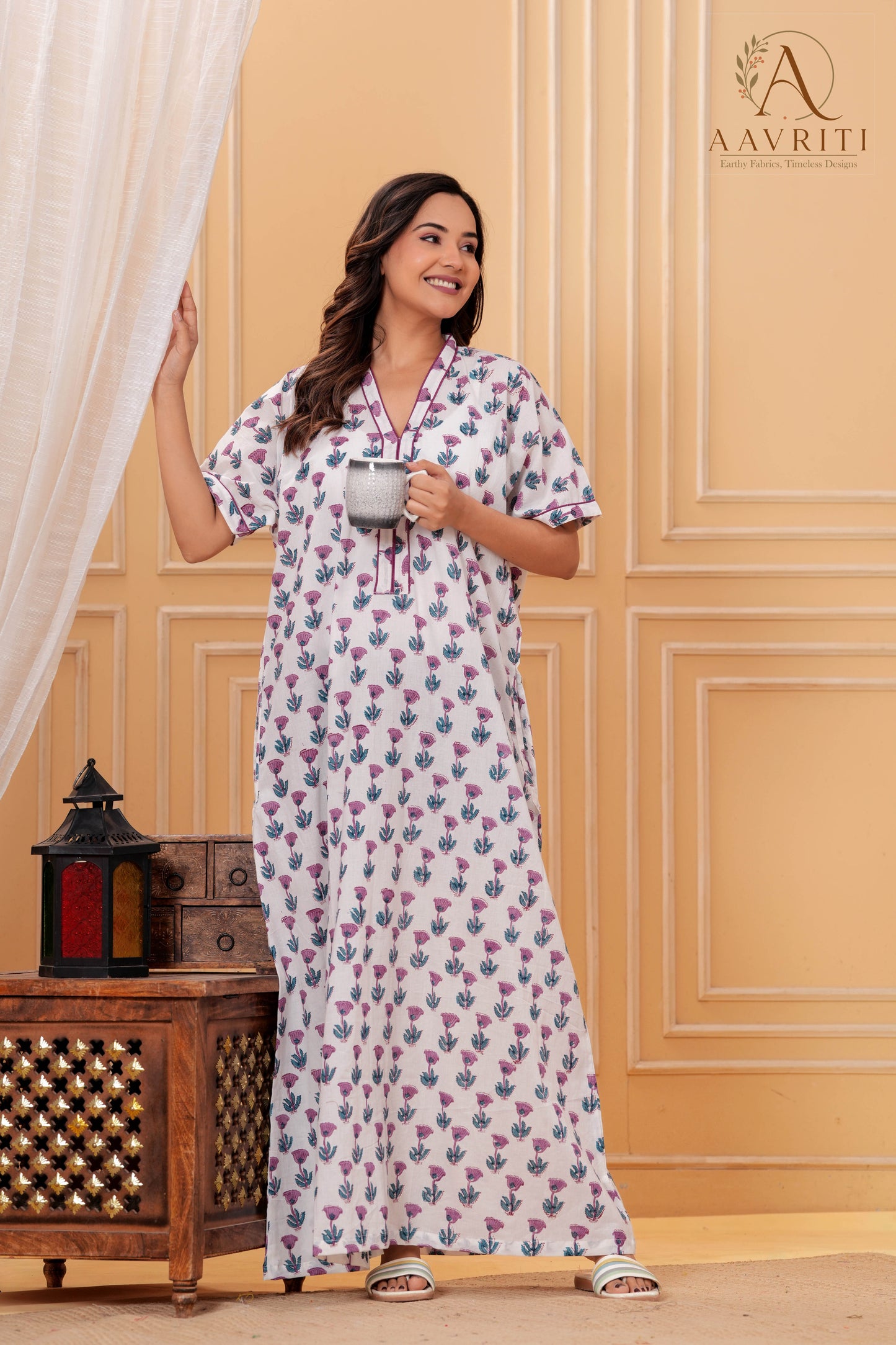 Aavriti Off-White Classic Floral Hand Block Printed Cotton Kaftan