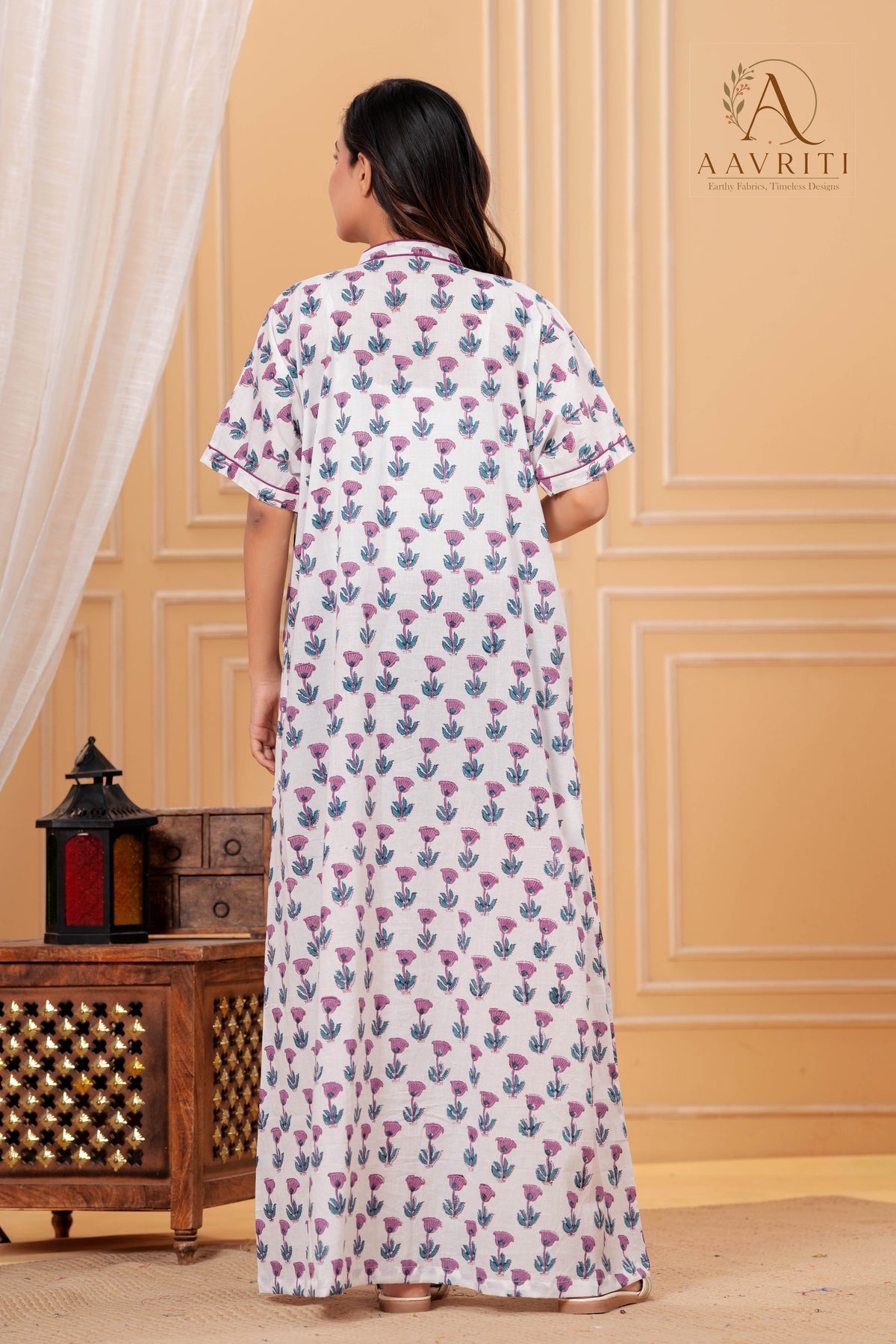 Aavriti Off-White Classic Floral Hand Block Printed Cotton Kaftan