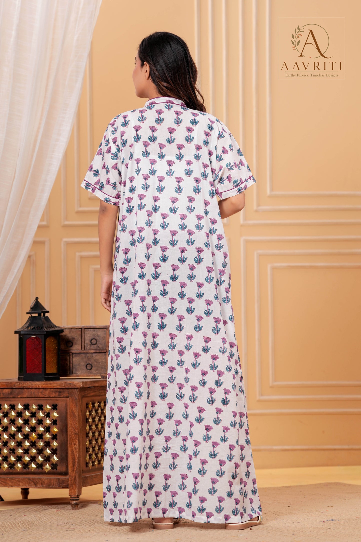 Aavriti Off-White Classic Floral Hand Block Printed Cotton Kaftan