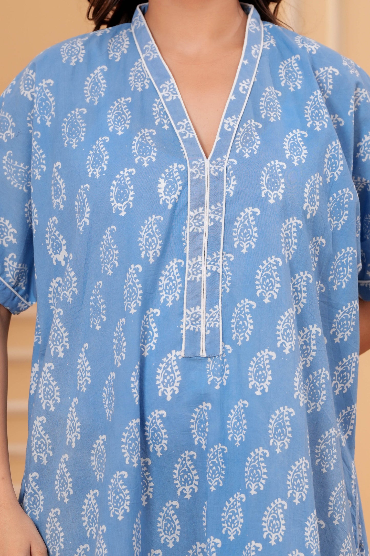 Aavriti Powder Blue Paisley Hand Block Printed Cotton Kaftan