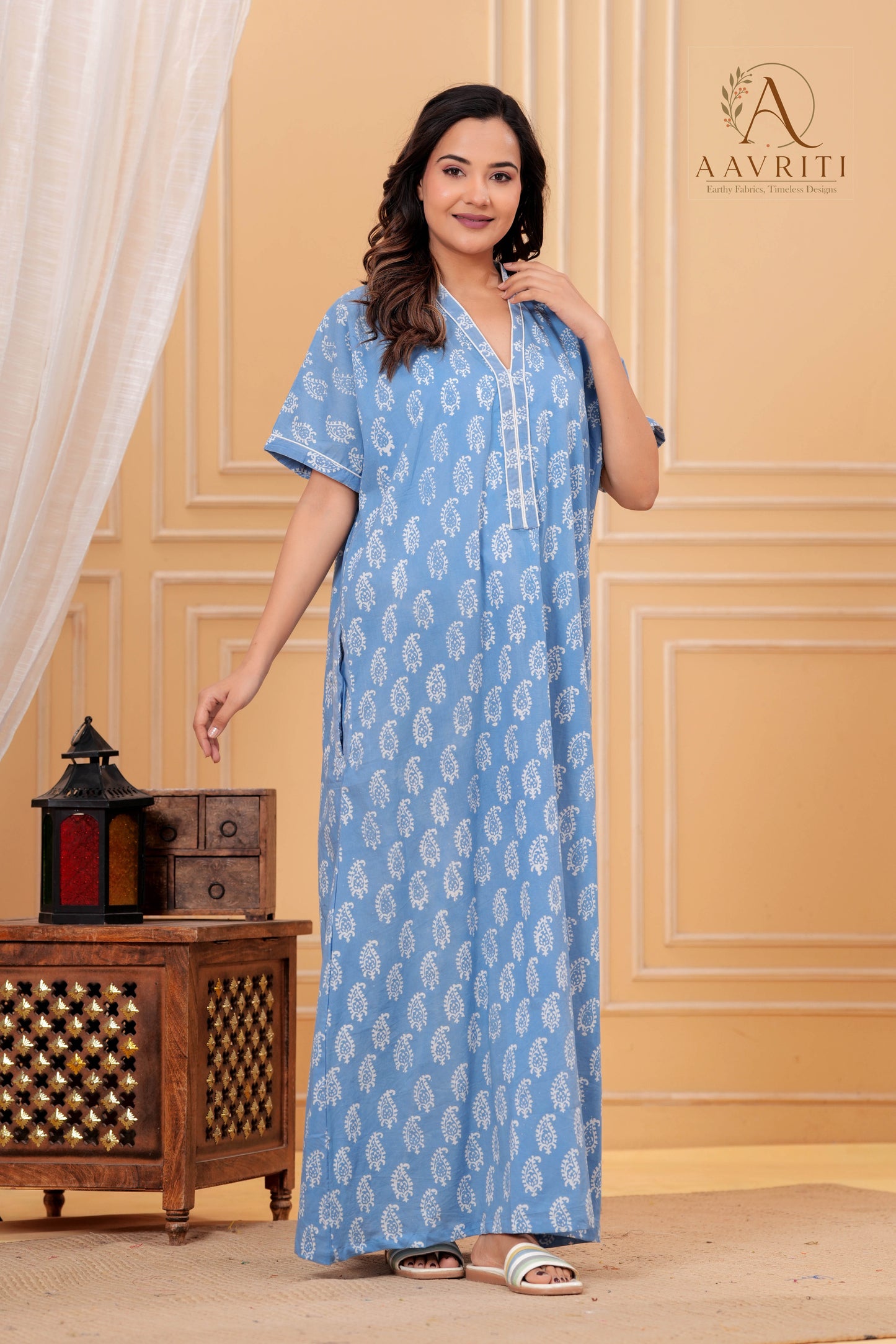 Aavriti Powder Blue Paisley Hand Block Printed Cotton Kaftan