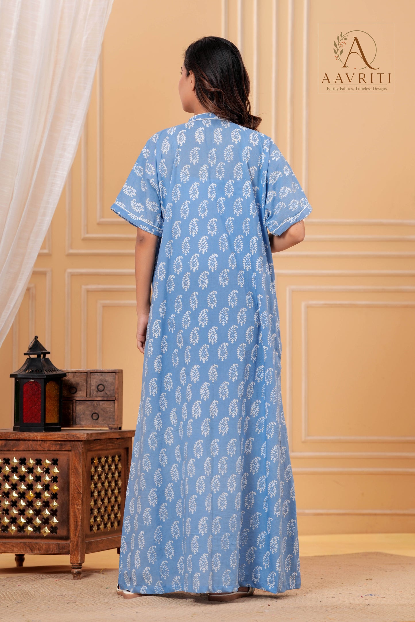Aavriti Powder Blue Paisley Hand Block Printed Cotton Kaftan