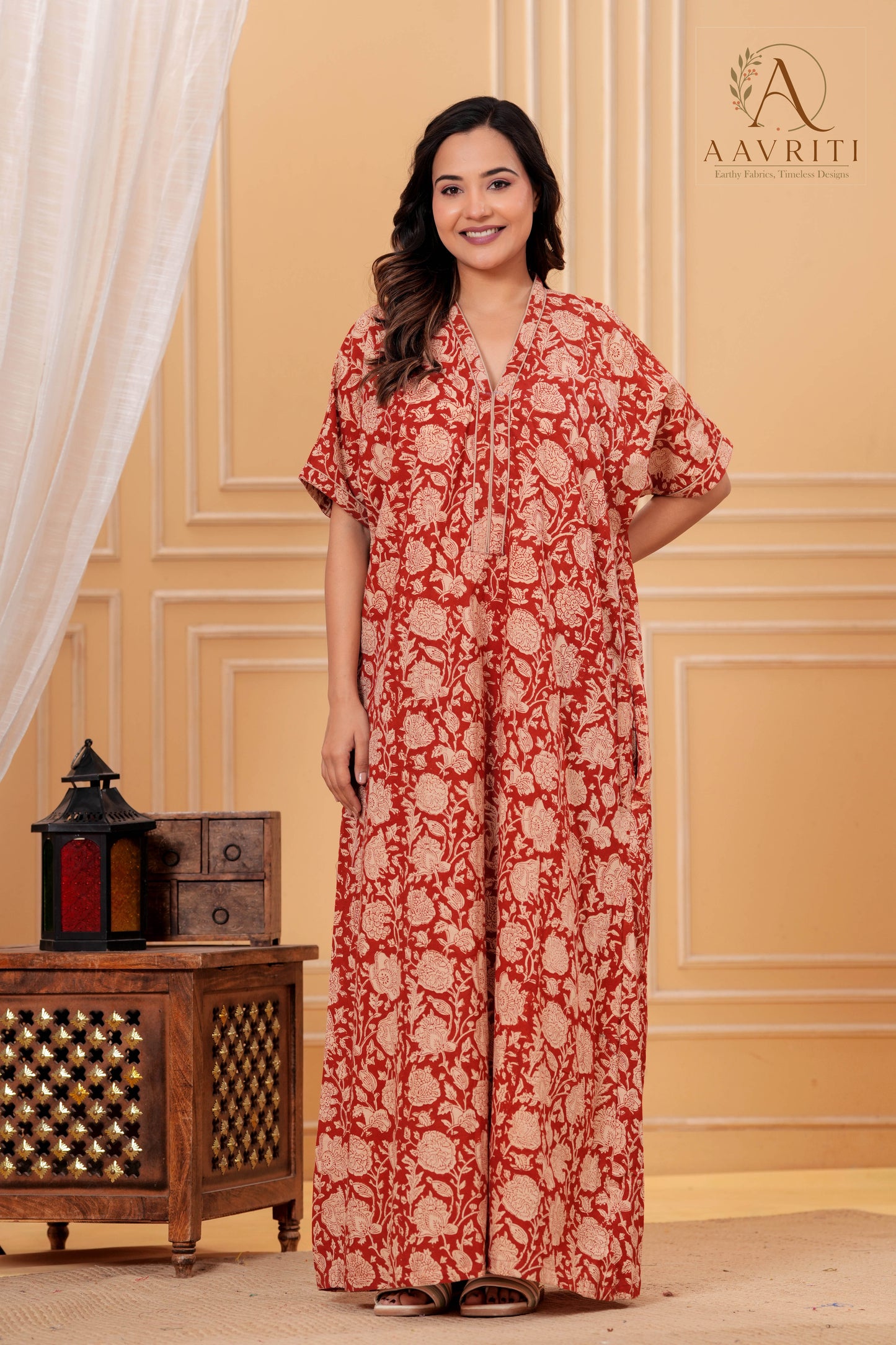 Aavriti Rust Red Floral Jaal Hand Block Printed Cotton Kaftan