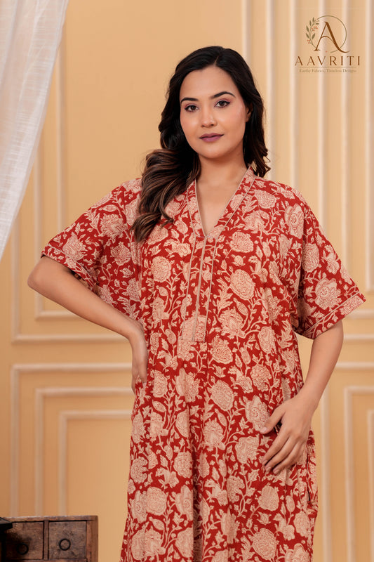 Aavriti Rust Red Floral Jaal Hand Block Printed Cotton Kaftan