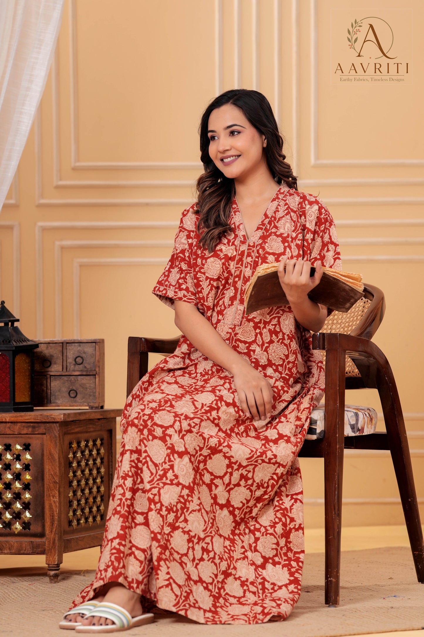 Aavriti Rust Red Floral Jaal Hand Block Printed Cotton Kaftan