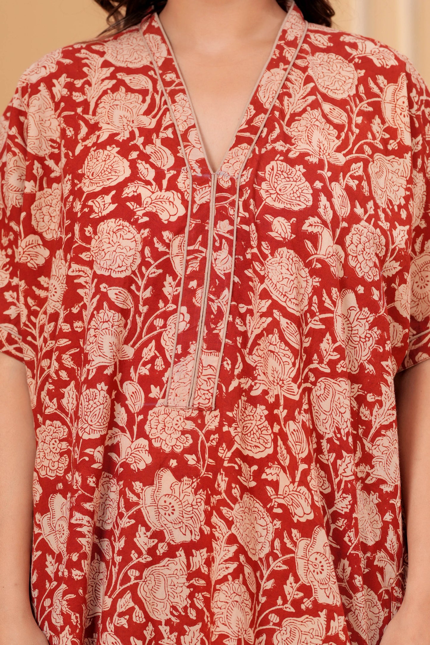 Aavriti Rust Red Floral Jaal Hand Block Printed Cotton Kaftan