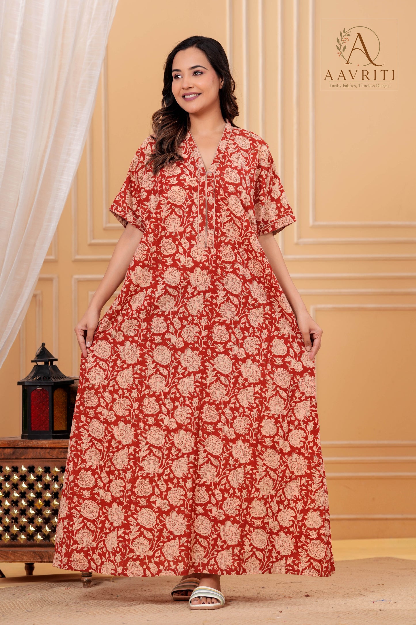 Aavriti Rust Red Floral Jaal Hand Block Printed Cotton Kaftan