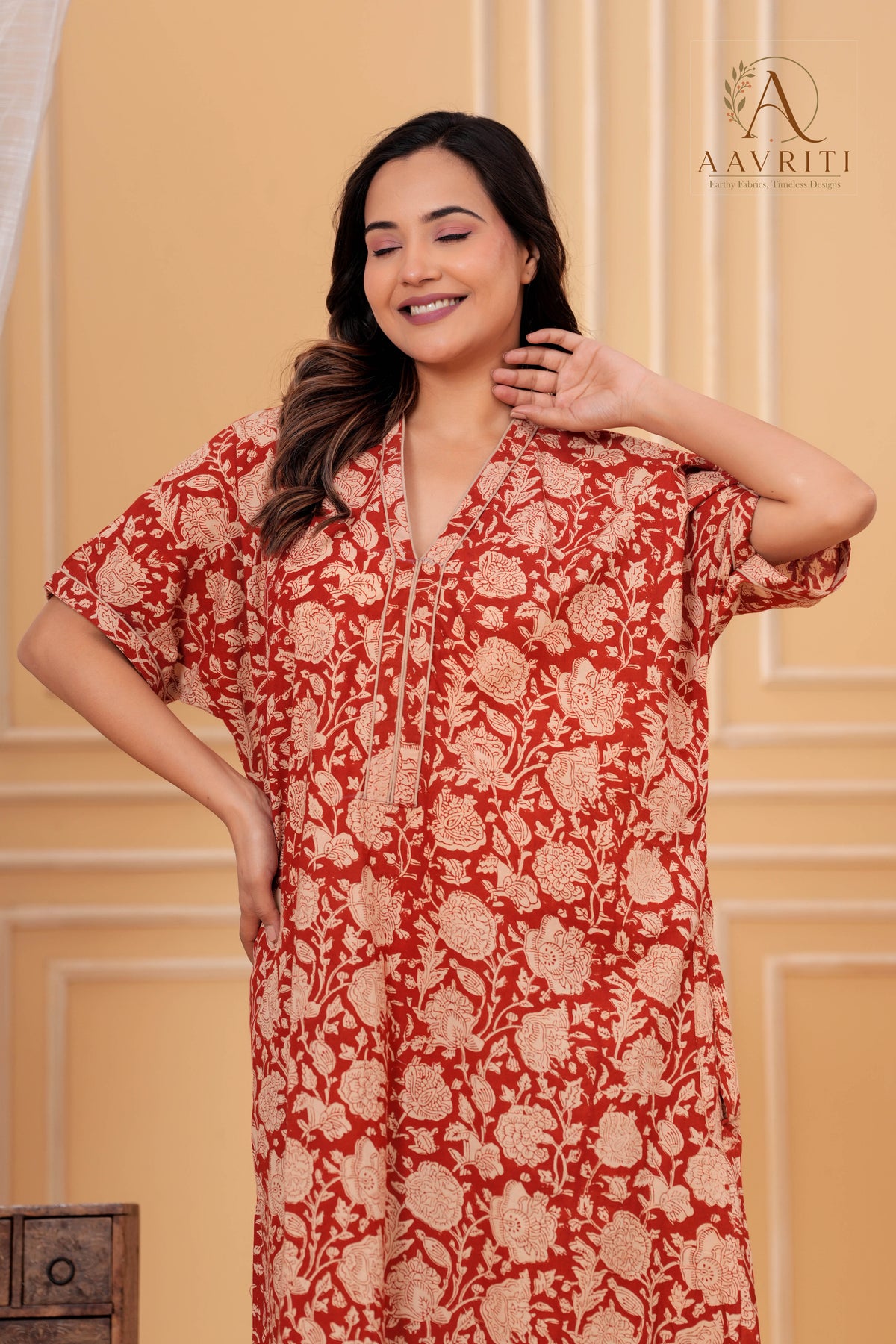 Aavriti Rust Red Floral Jaal Hand Block Printed Cotton Kaftan
