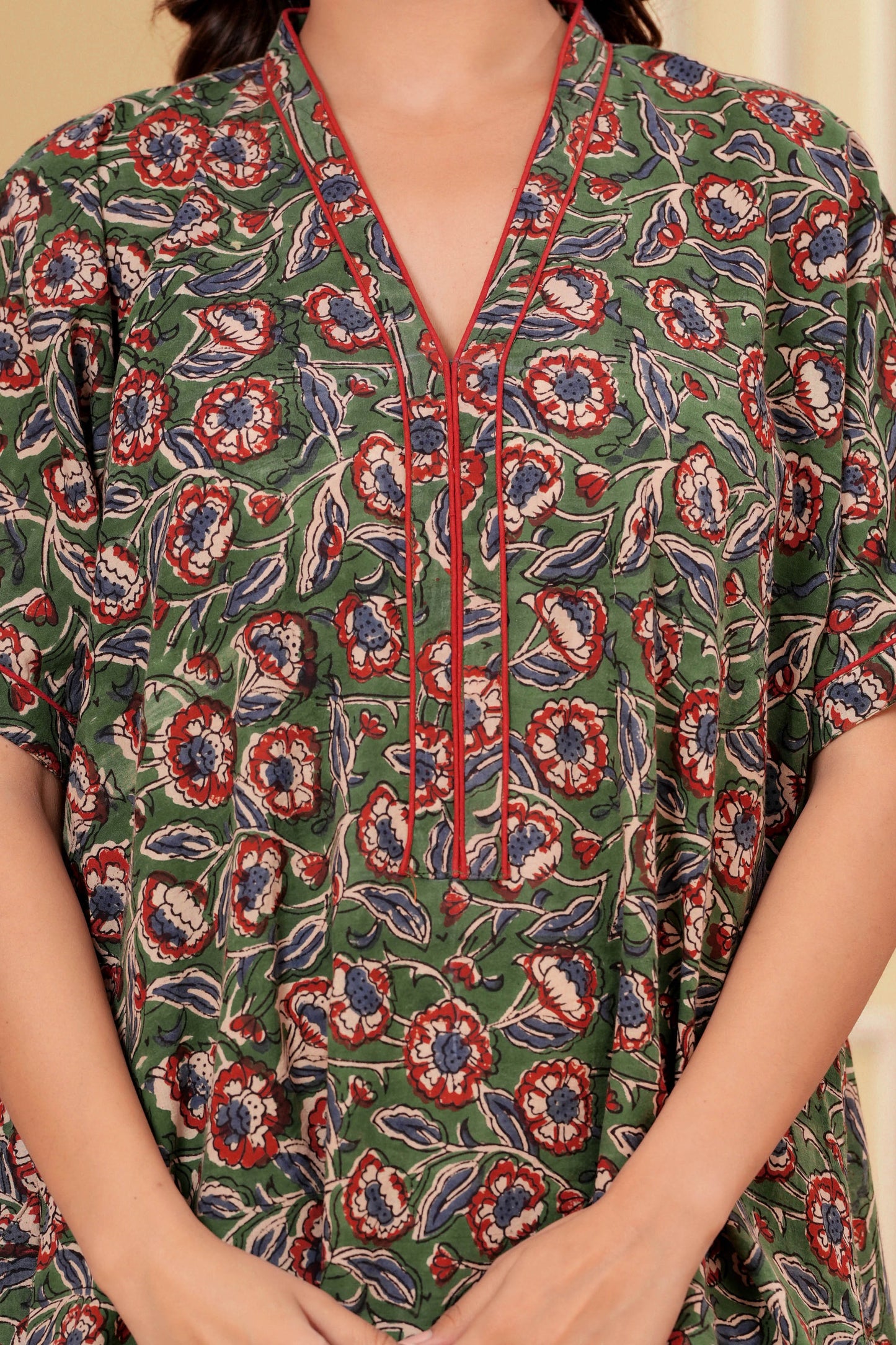 Aavriti Mehendi Green Floral Jaal Hand Block Printed Cotton Kaftan