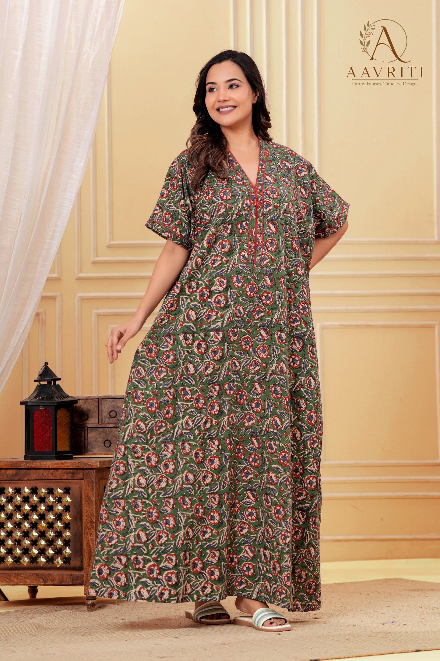 Aavriti Mehendi Green Floral Jaal Hand Block Printed Cotton Kaftan