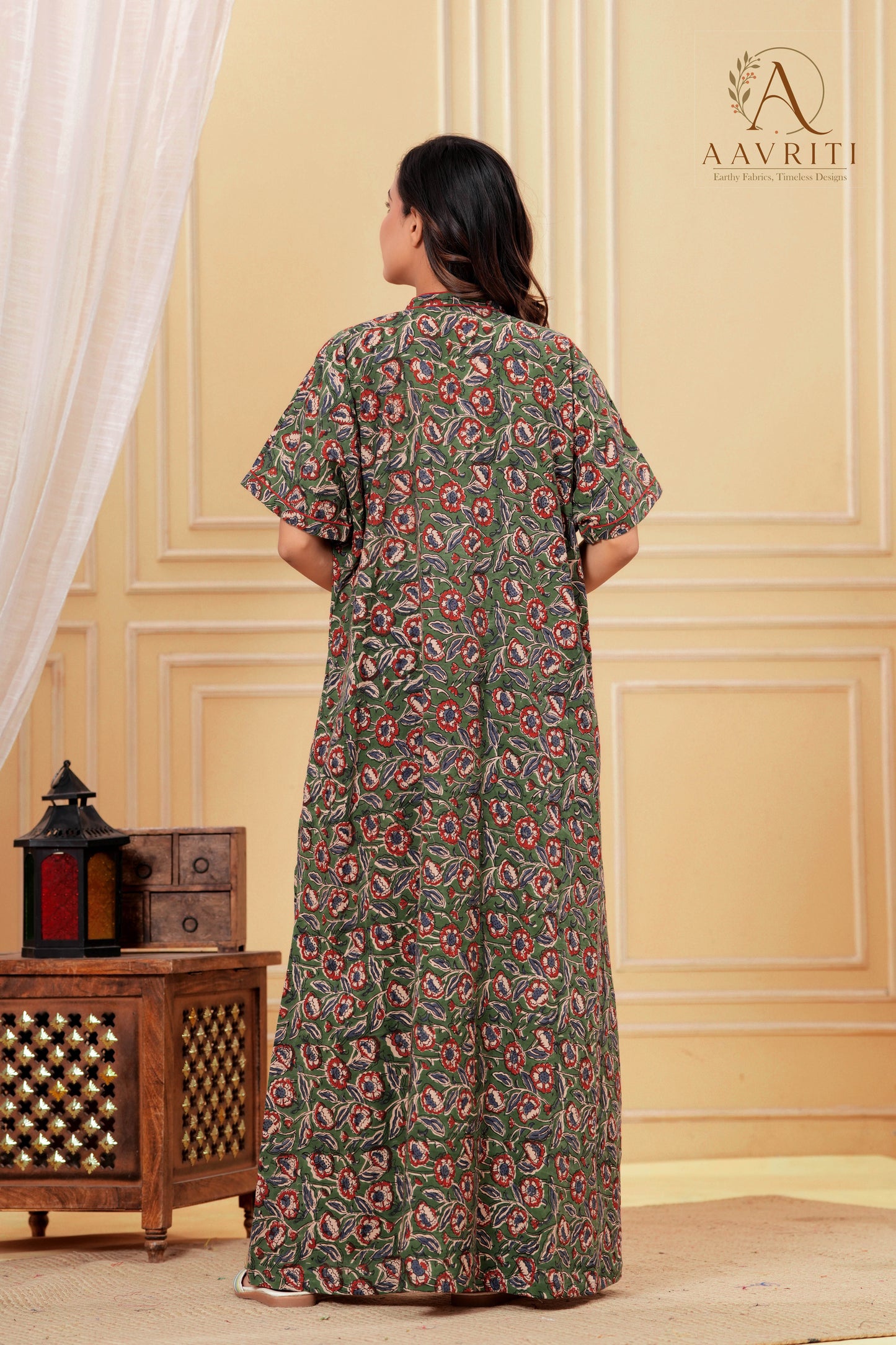 Aavriti Mehendi Green Floral Jaal Hand Block Printed Cotton Kaftan