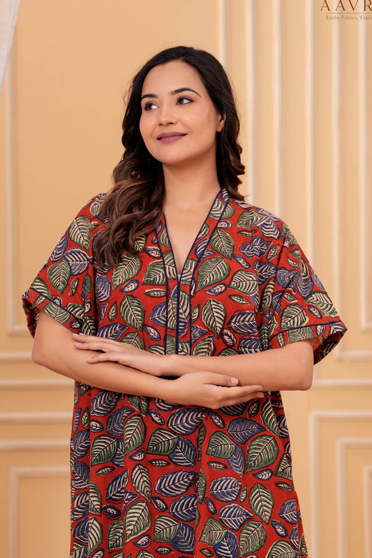 Aavriti Rust Red Leaf Jaal Hand Block Printed Cotton Kaftan