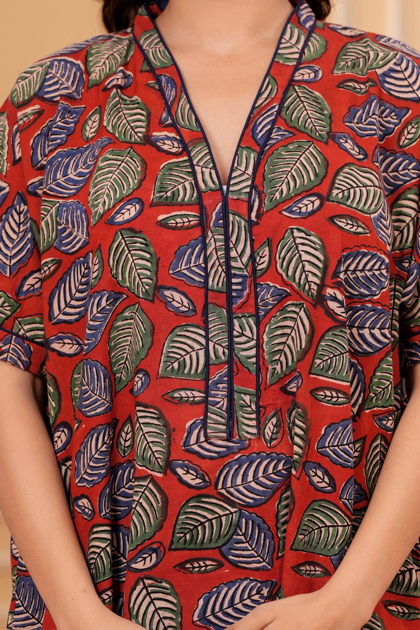 Aavriti Rust Red Leaf Jaal Hand Block Printed Cotton Kaftan
