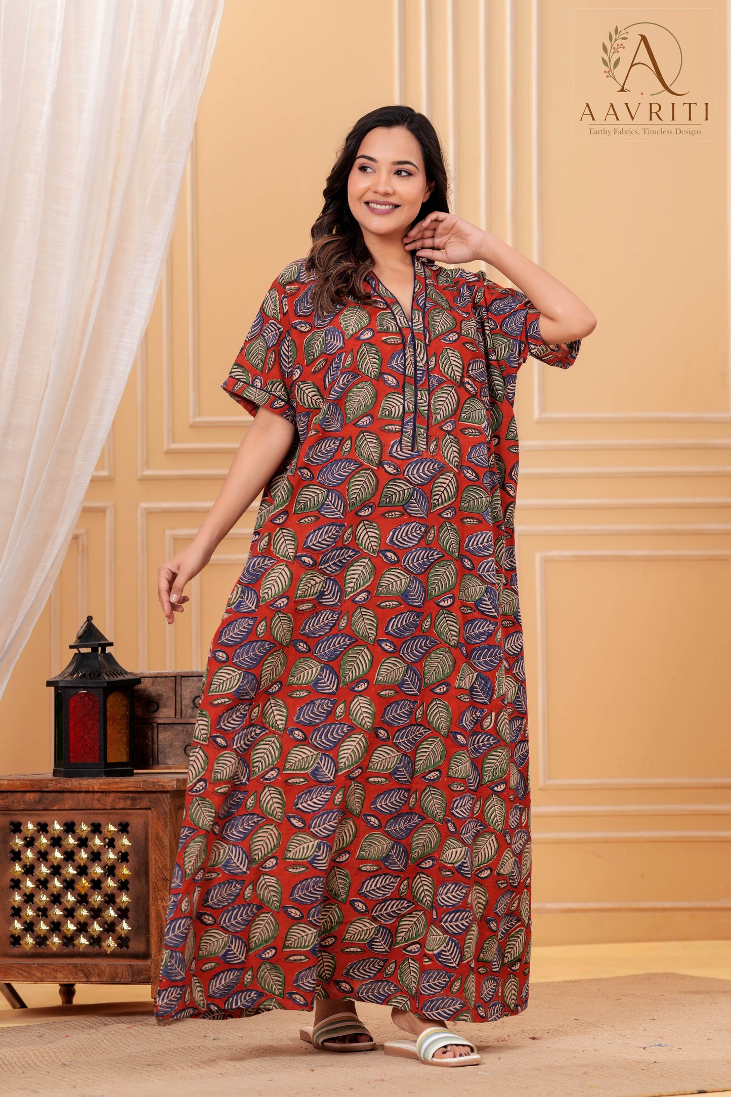 Aavriti Rust Red Leaf Jaal Hand Block Printed Cotton Kaftan