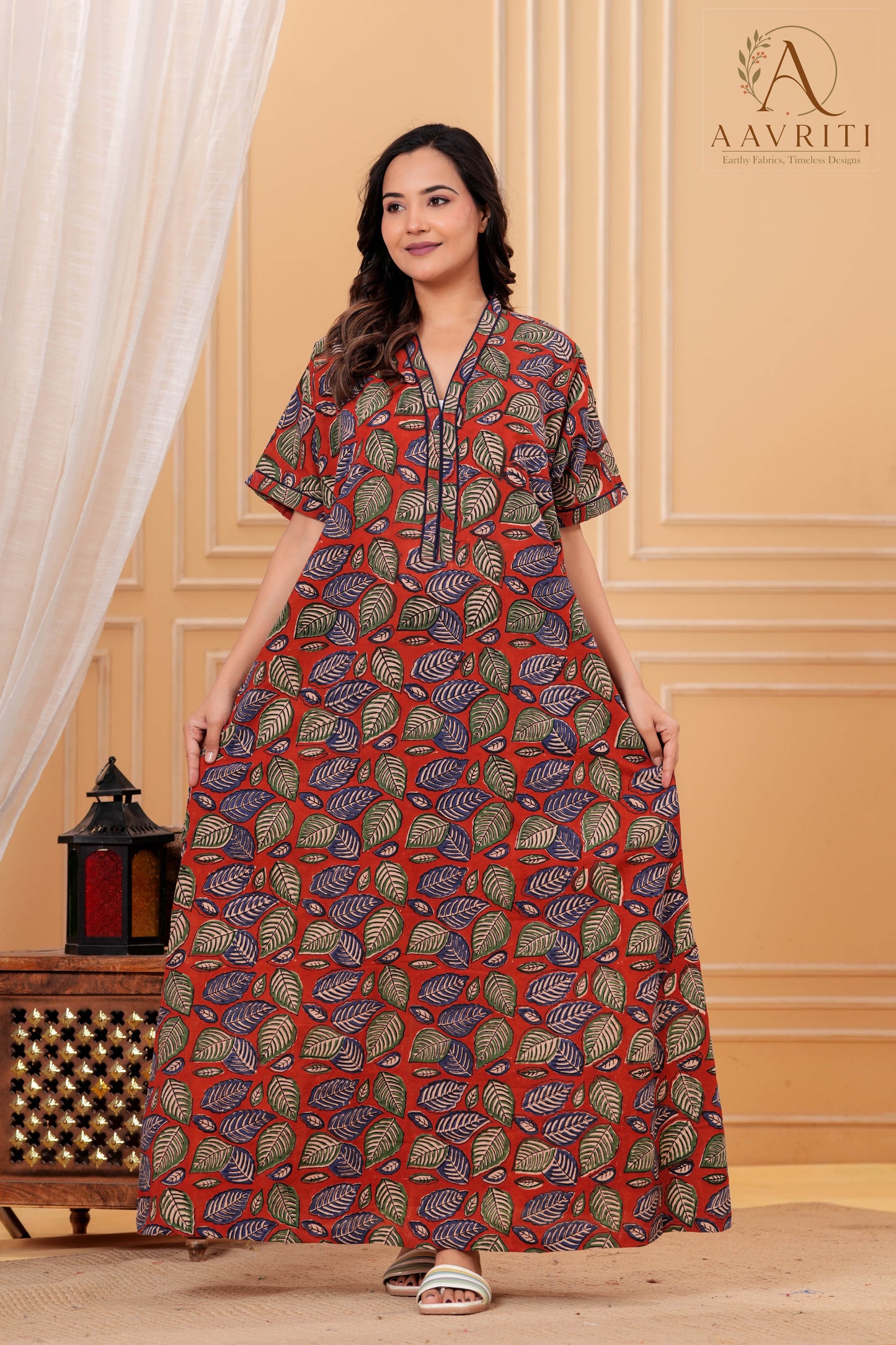 Aavriti Rust Red Leaf Jaal Hand Block Printed Cotton Kaftan