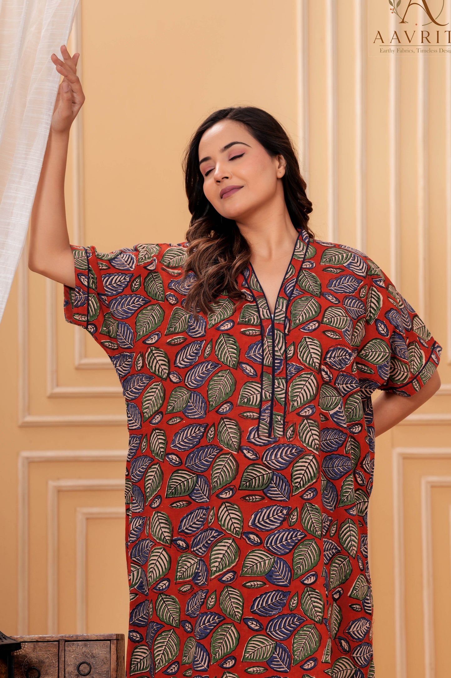 Aavriti Rust Red Leaf Jaal Hand Block Printed Cotton Kaftan