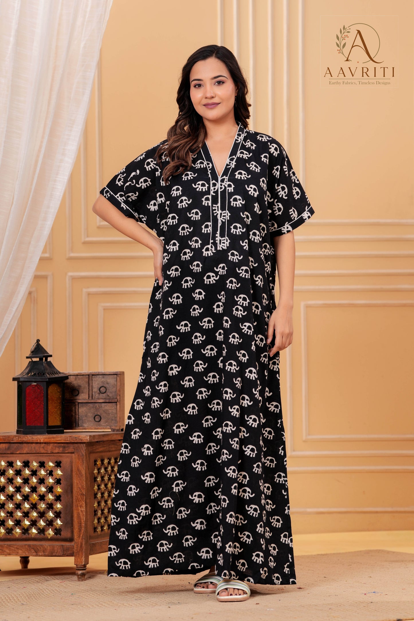 Aavriti Black Elephant Motif Hand Block Printed Cotton Loungewear Kaftan
