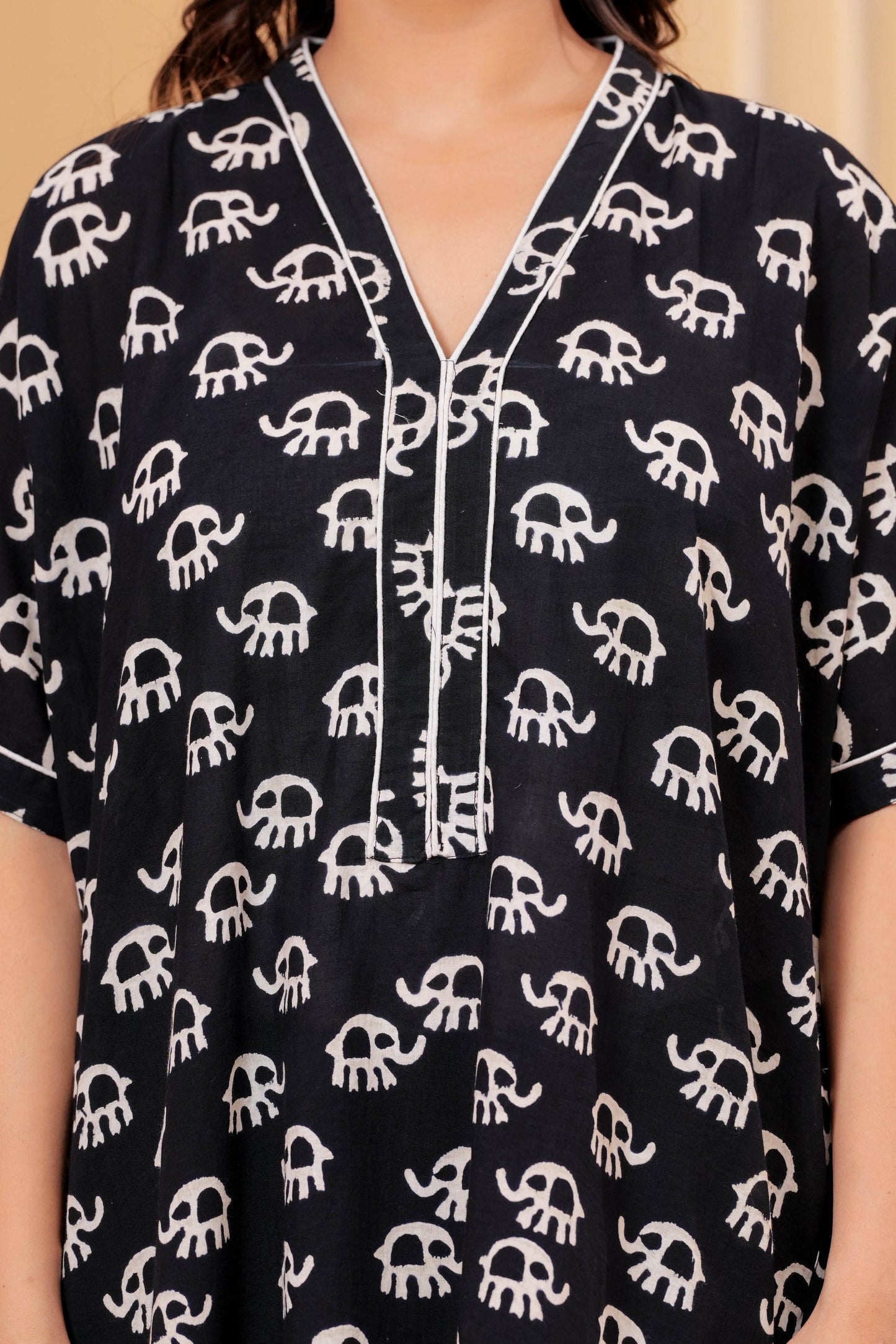 Aavriti Black Elephant Motif Hand Block Printed Cotton Loungewear Kaftan