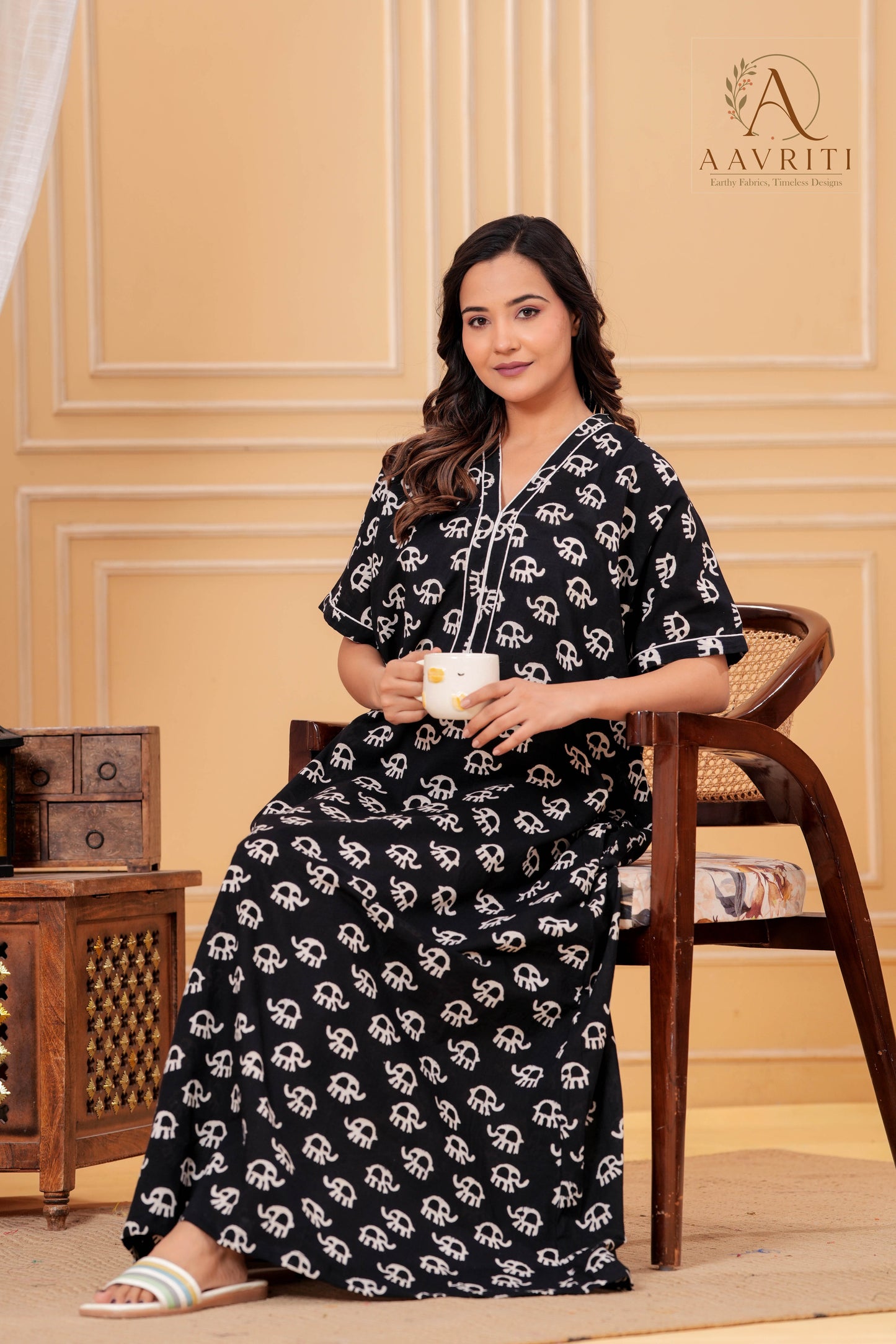 Aavriti Black Elephant Motif Hand Block Printed Cotton Loungewear Kaftan