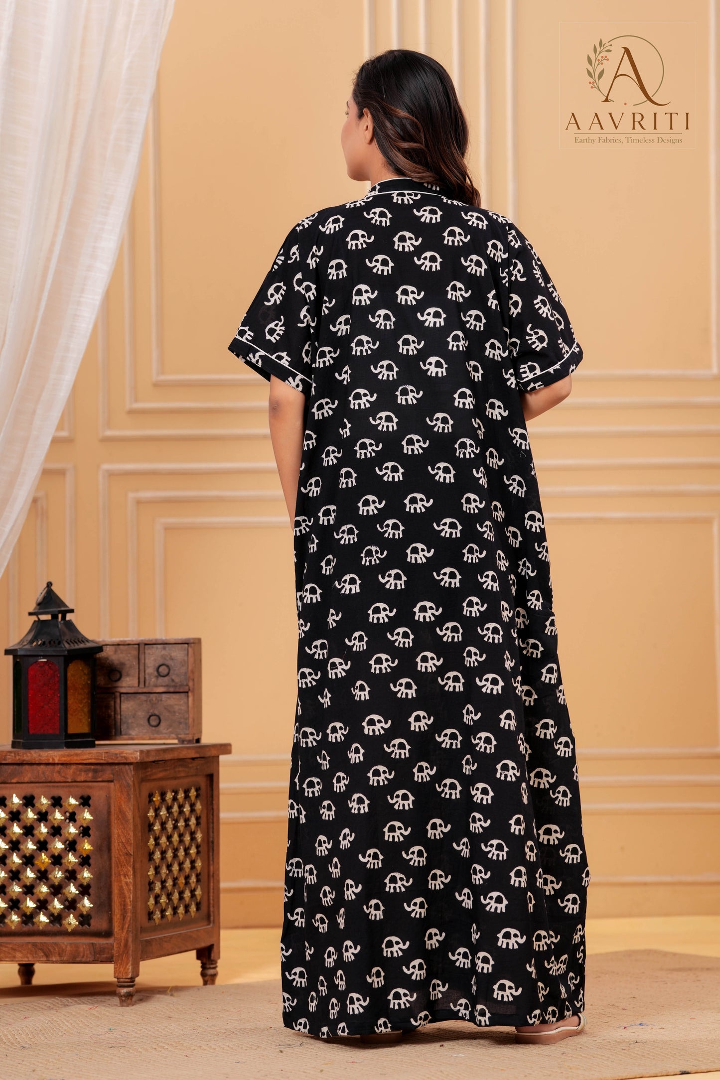 Aavriti Black Elephant Motif Hand Block Printed Cotton Loungewear Kaftan