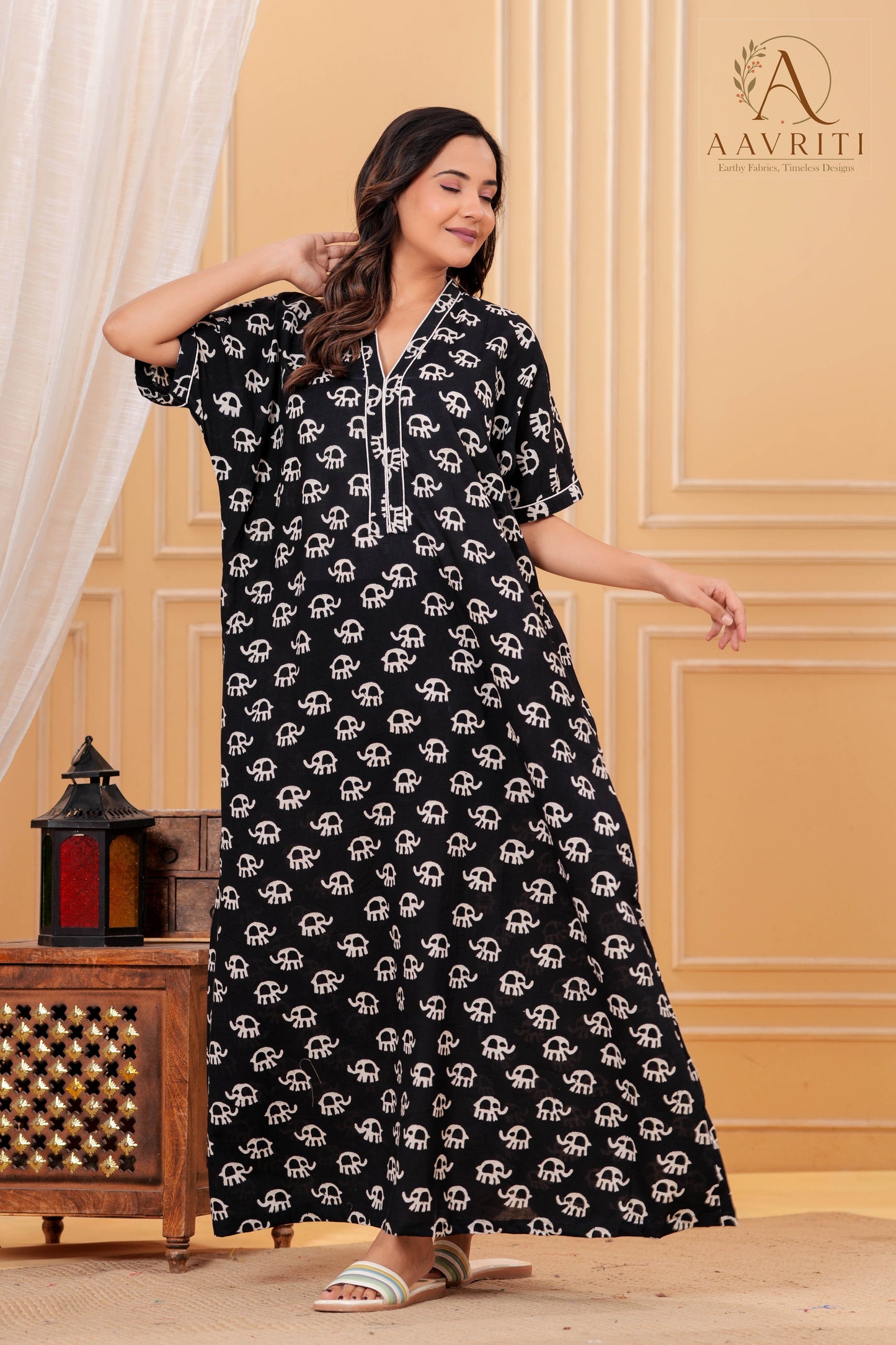 Aavriti Black Elephant Motif Hand Block Printed Cotton Loungewear Kaftan