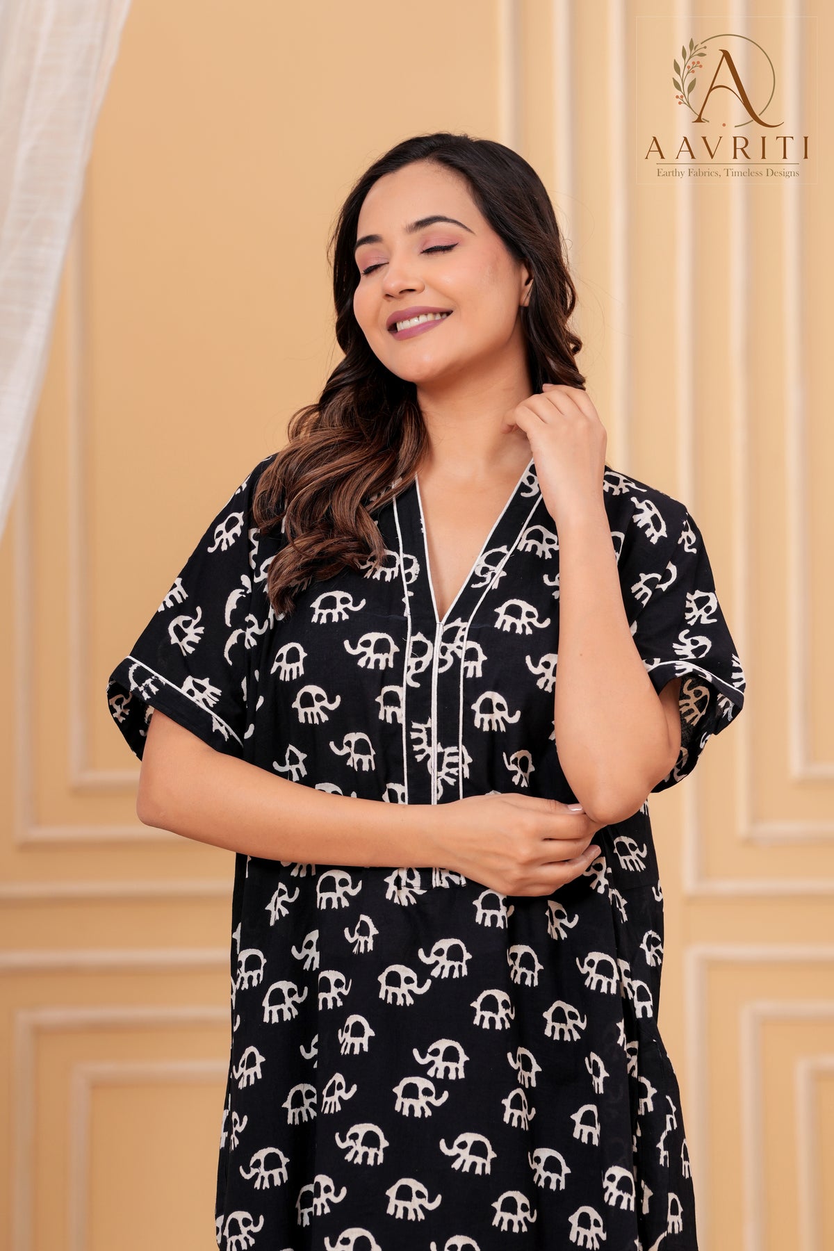 Aavriti Black Elephant Motif Hand Block Printed Cotton Loungewear Kaftan
