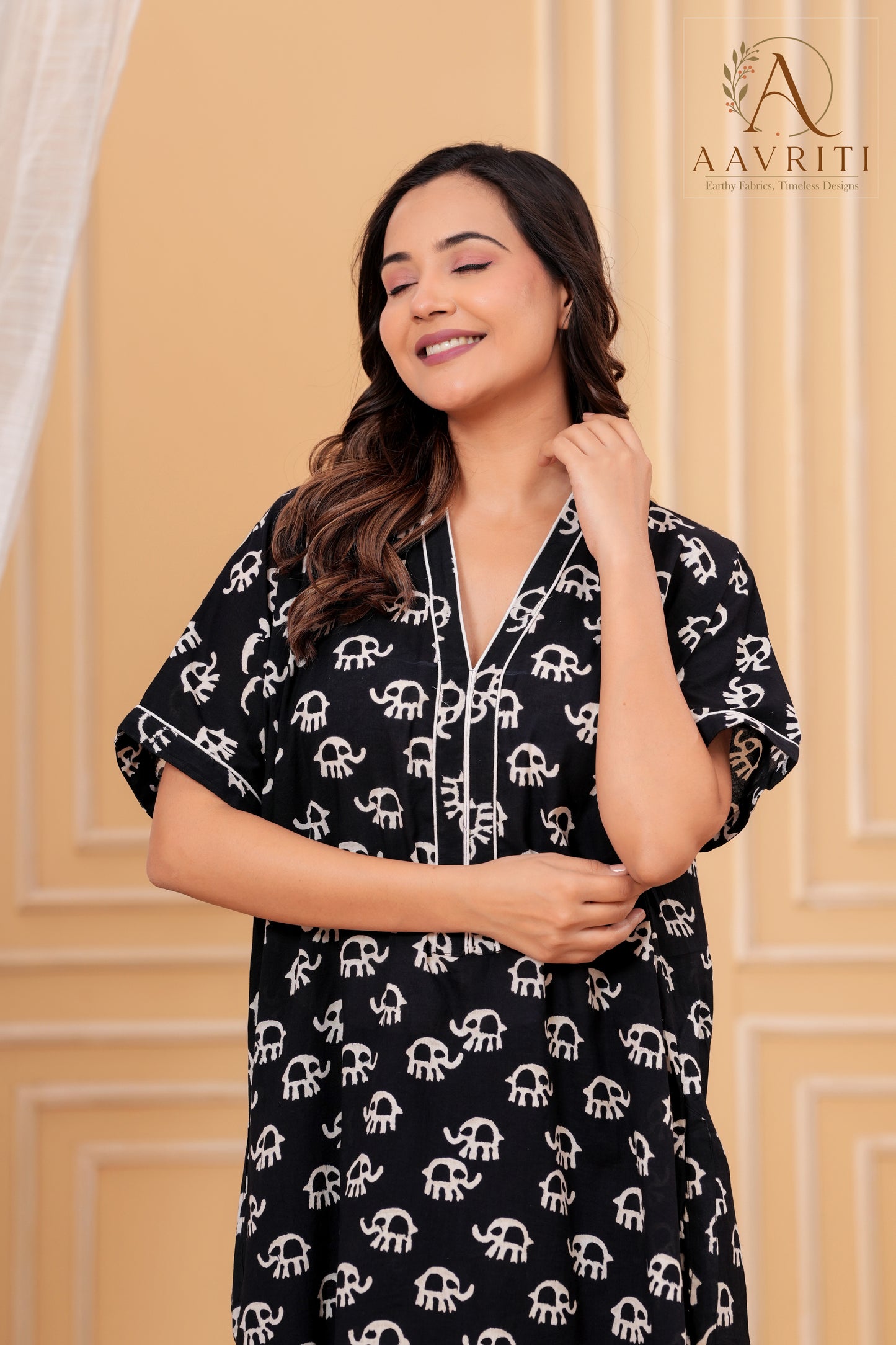 Aavriti Black Elephant Motif Hand Block Printed Cotton Loungewear Kaftan