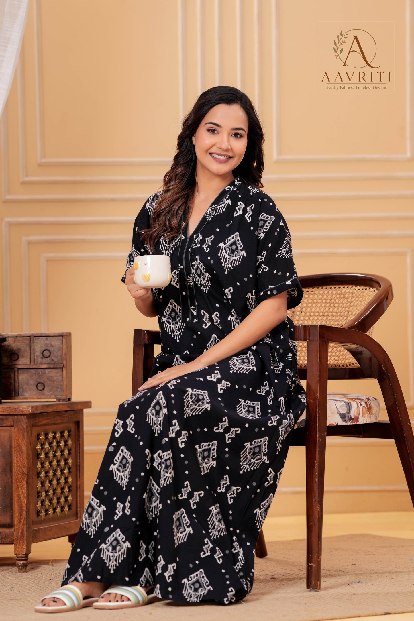 Aavriti Charcoal Black Ikat Geometric Hand Block Printed Cotton Kaftan