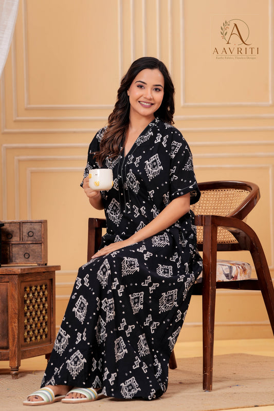 Aavriti Charcoal Black Ikat Geometric Hand Block Printed Cotton Kaftan