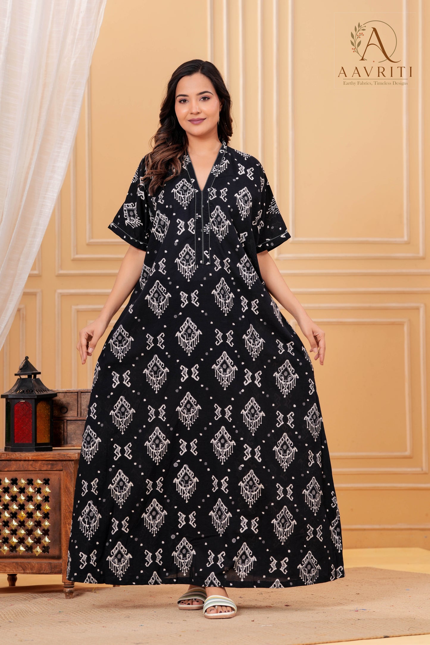 Aavriti Charcoal Black Ikat Geometric Hand Block Printed Cotton Kaftan