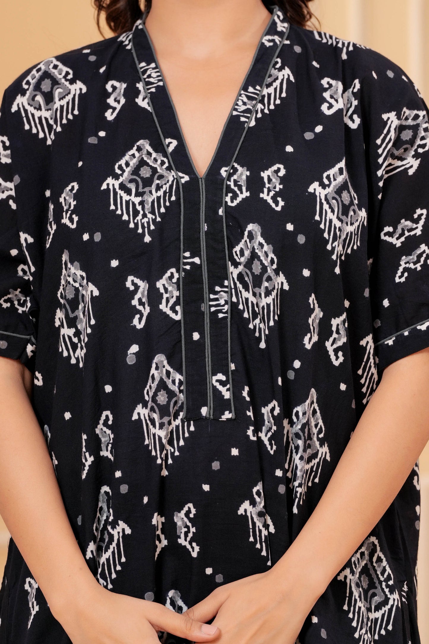 Aavriti Charcoal Black Ikat Geometric Hand Block Printed Cotton Kaftan