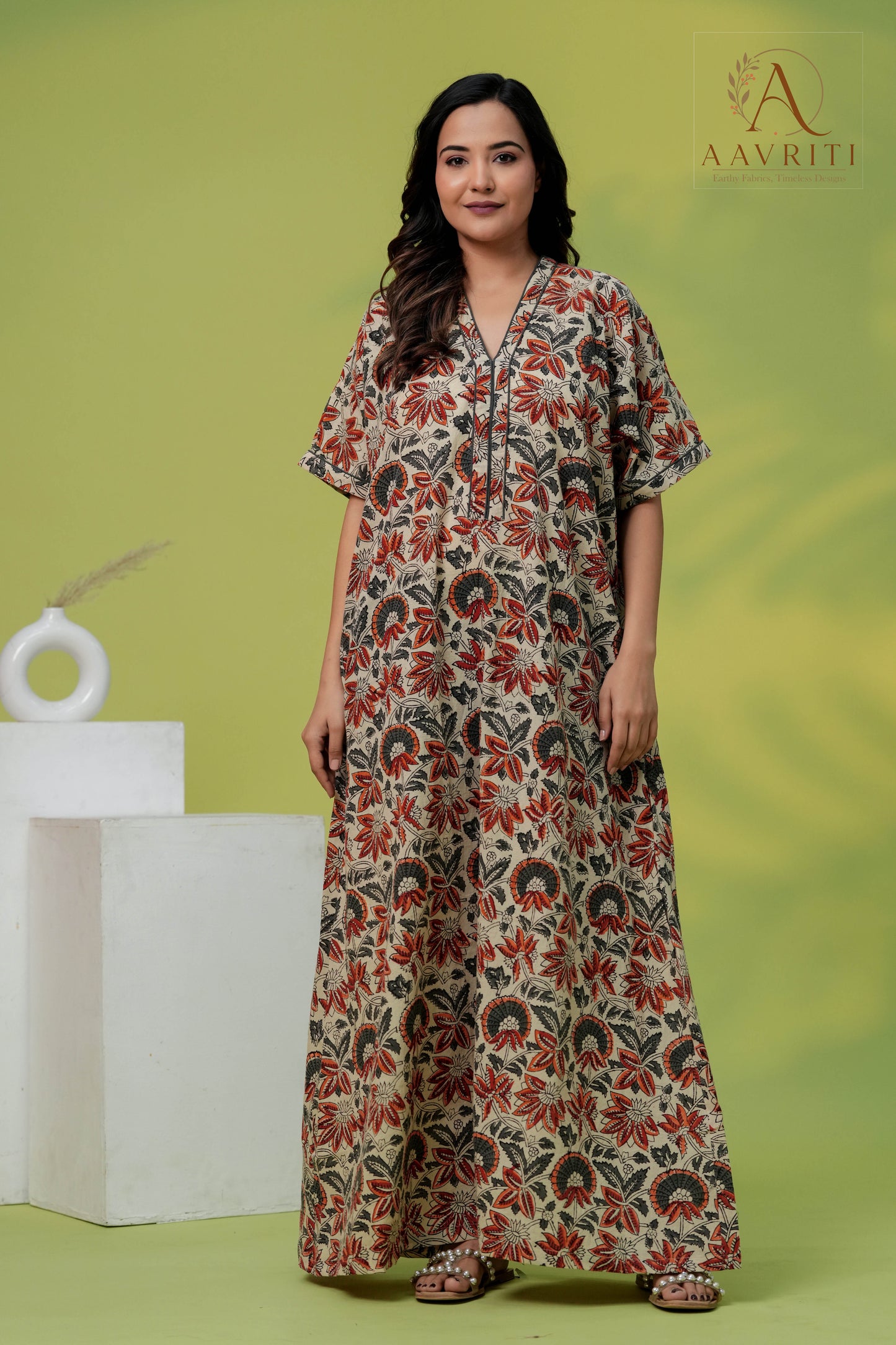 Aavriti Earthy Beige Rust Floral Jaal Hand Block Printed Cotton Kaftan