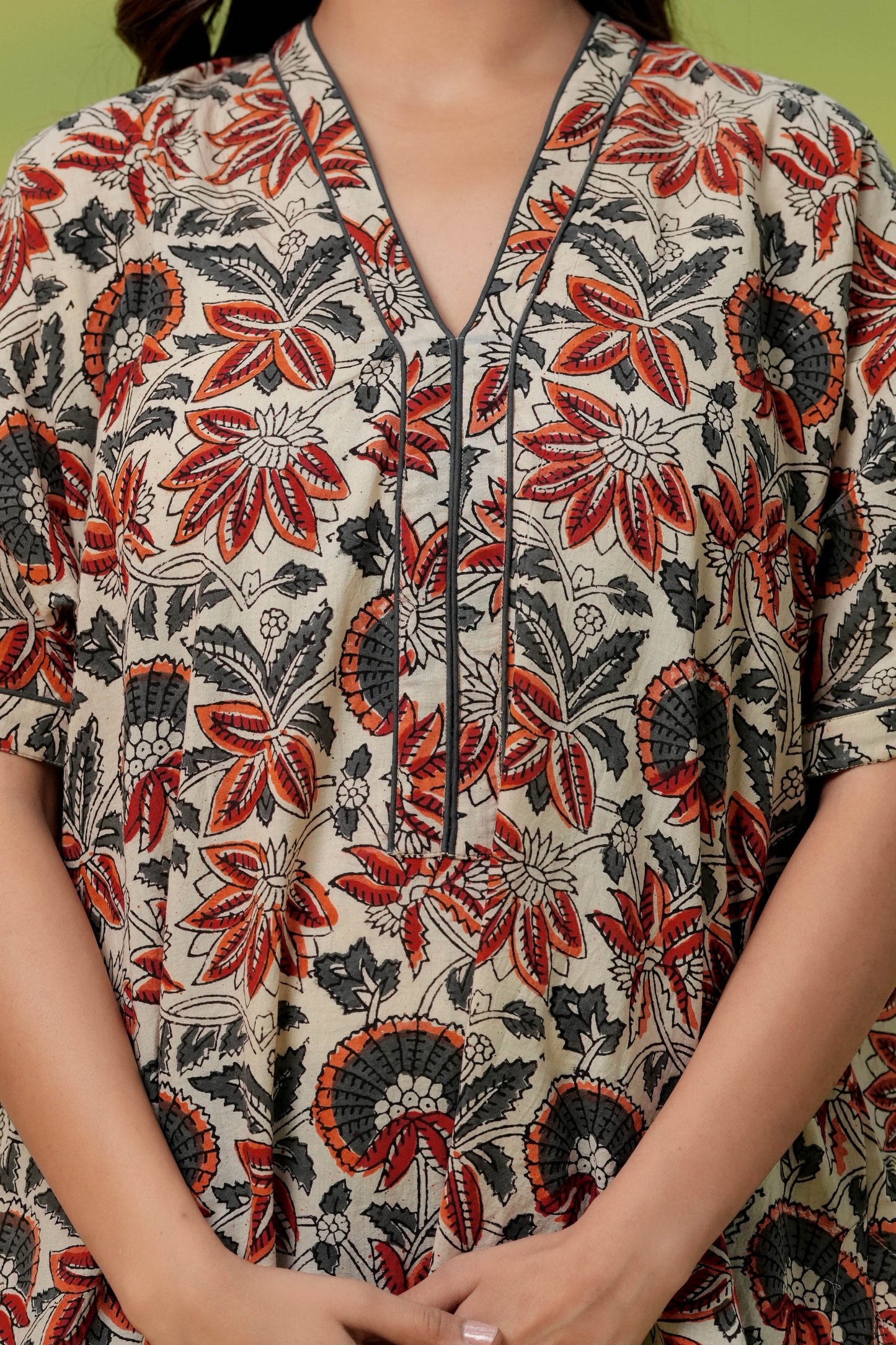 Aavriti Earthy Beige Rust Floral Jaal Hand Block Printed Cotton Kaftan