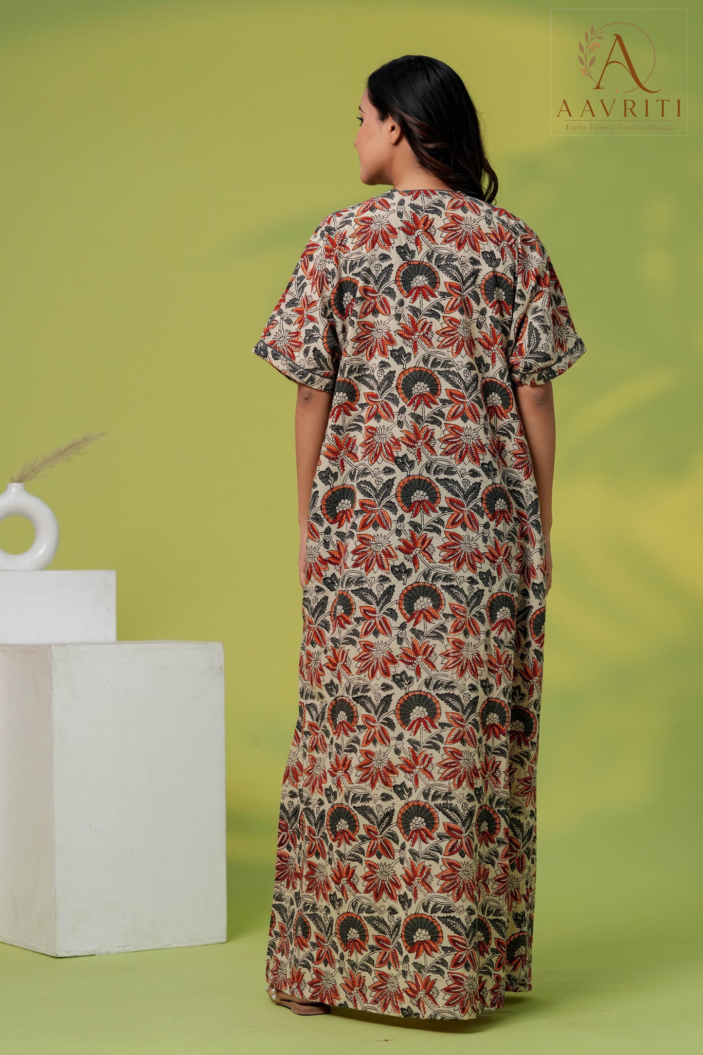 Aavriti Earthy Beige Rust Floral Jaal Hand Block Printed Cotton Kaftan
