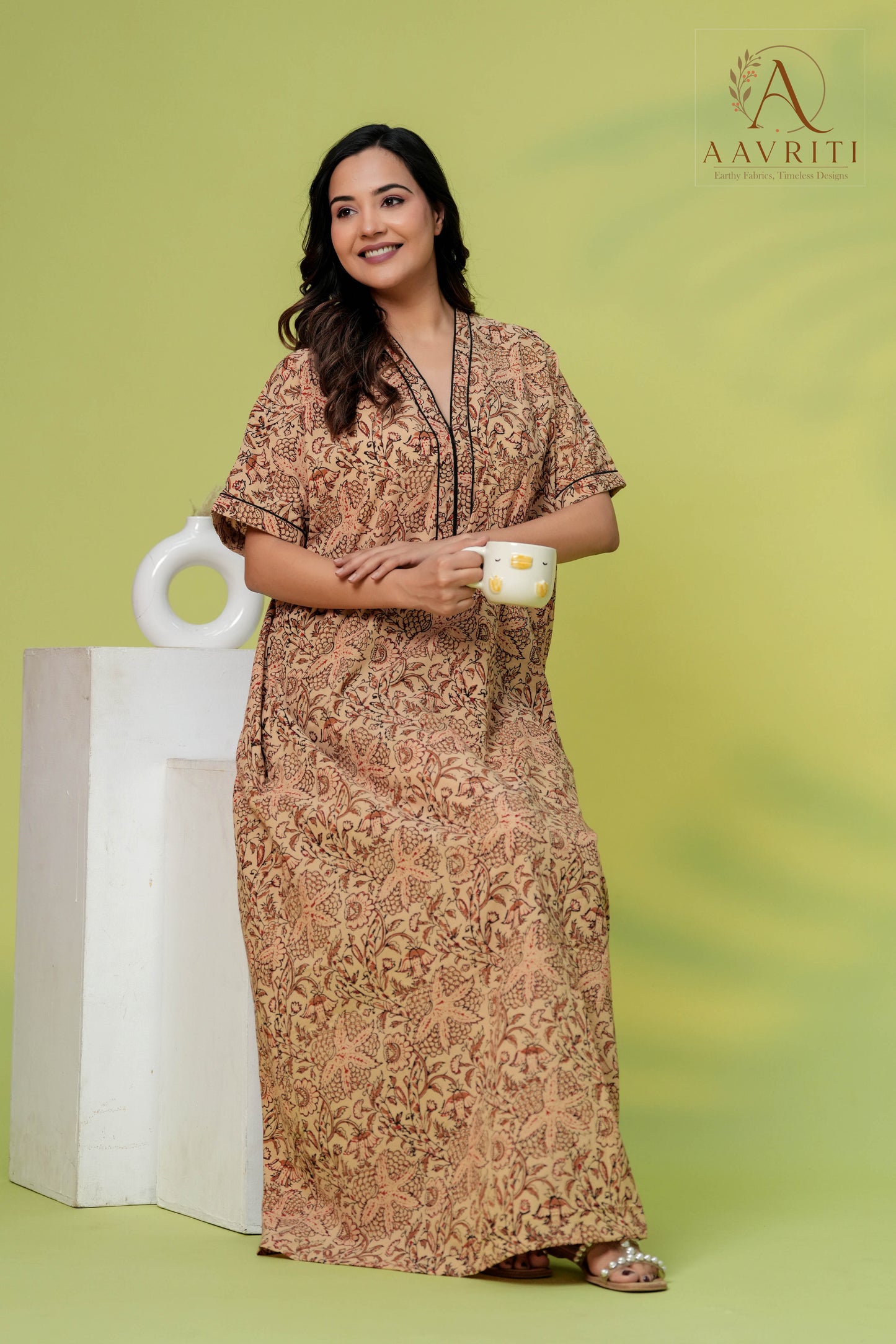 Aavriti Vintage Tan Kalamkari Floral Jaal Hand Block Printed Cotton Kaftan
