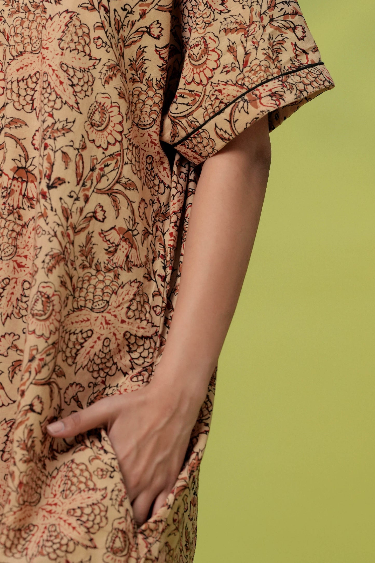 Aavriti Vintage Tan Kalamkari Floral Jaal Hand Block Printed Cotton Kaftan