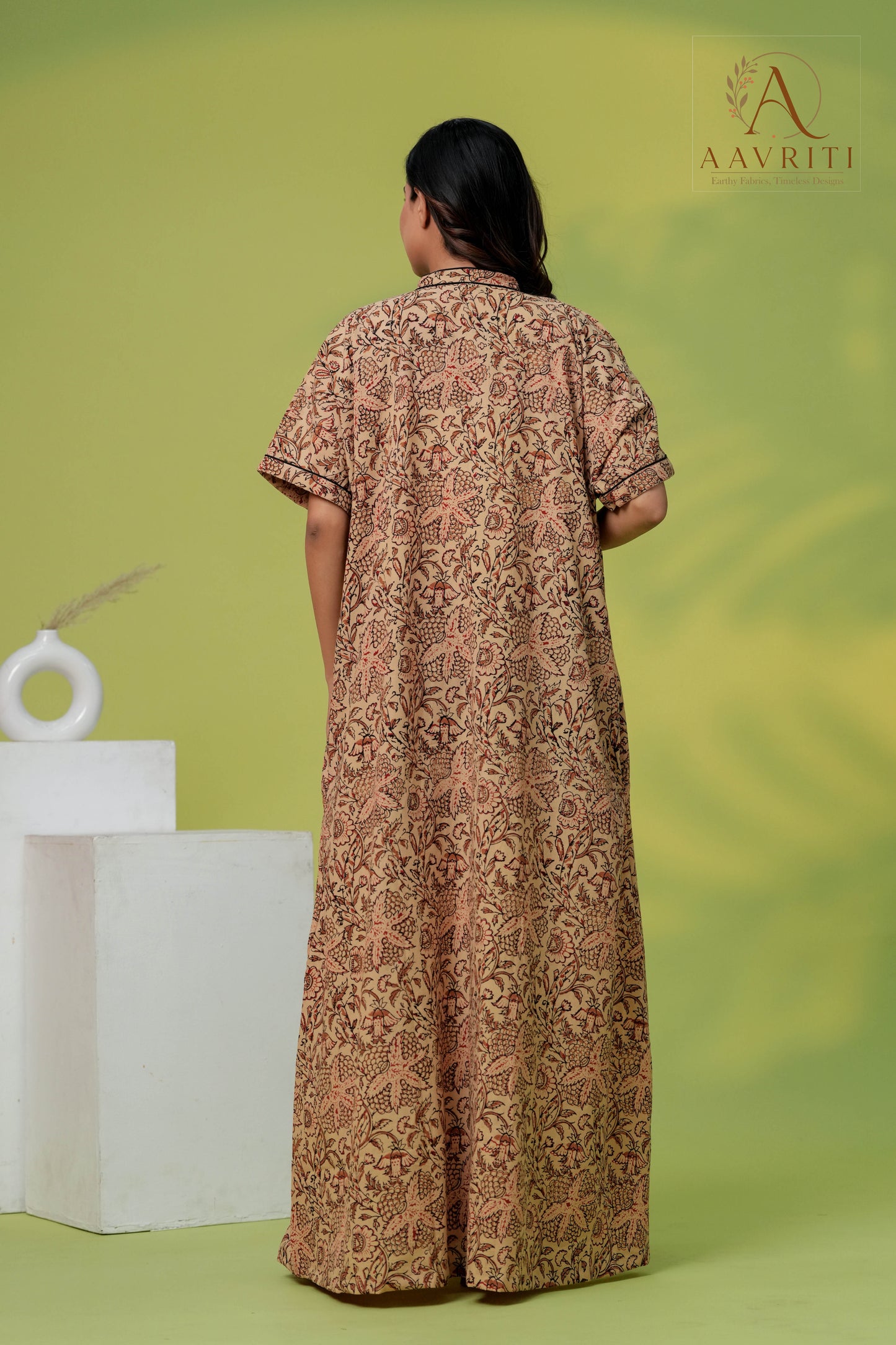 Aavriti Vintage Tan Kalamkari Floral Jaal Hand Block Printed Cotton Kaftan