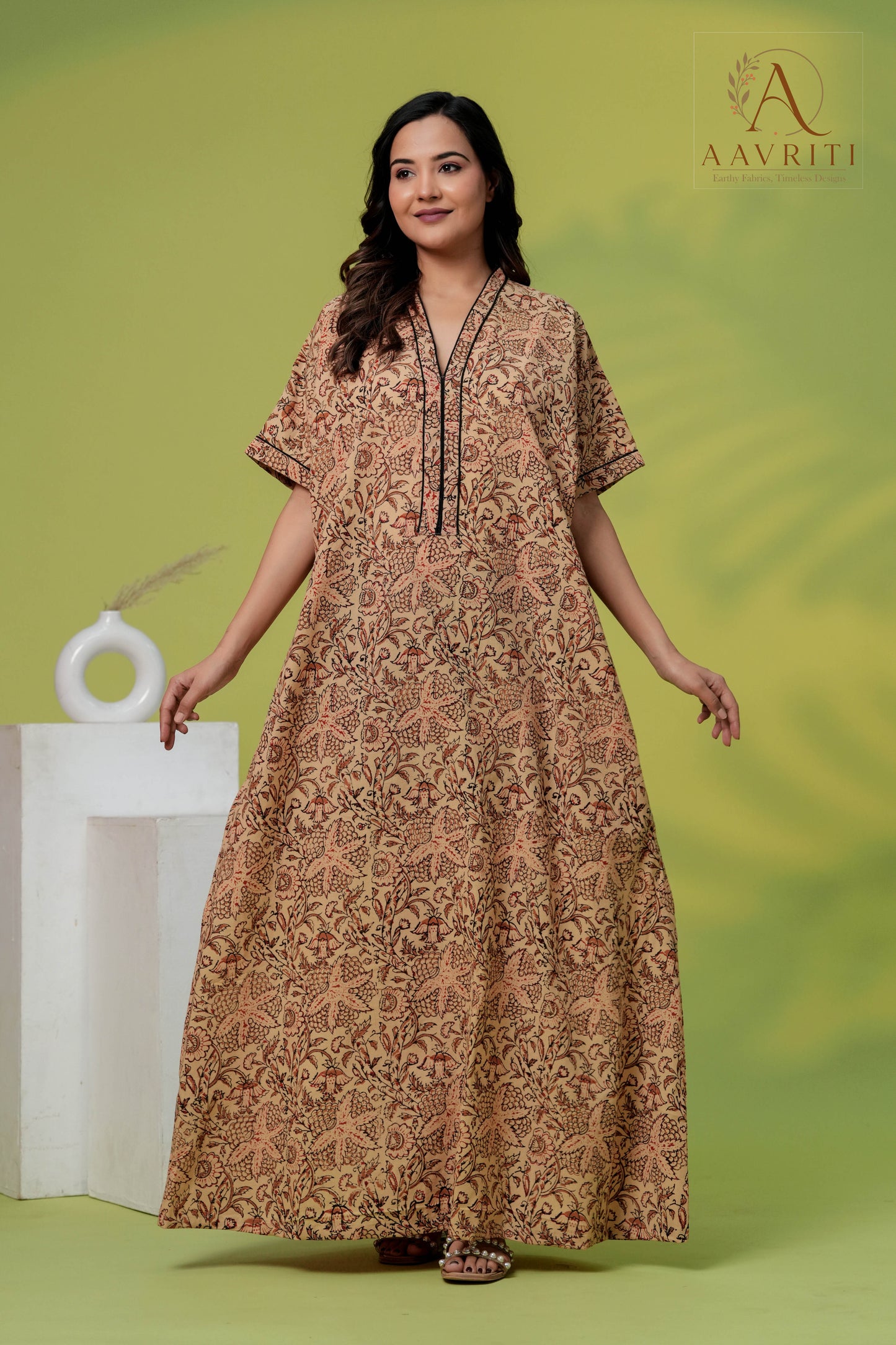 Aavriti Vintage Tan Kalamkari Floral Jaal Hand Block Printed Cotton Kaftan