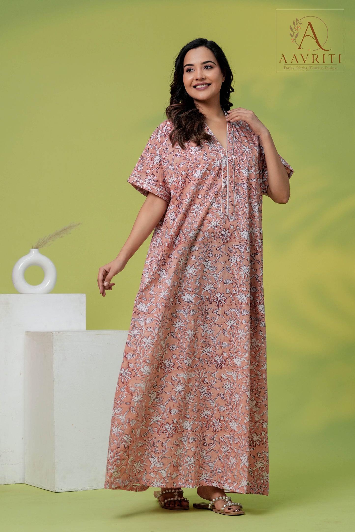 Aavriti Blossom Pink Floral Jaal Hand Block Printed Cotton Kaftan