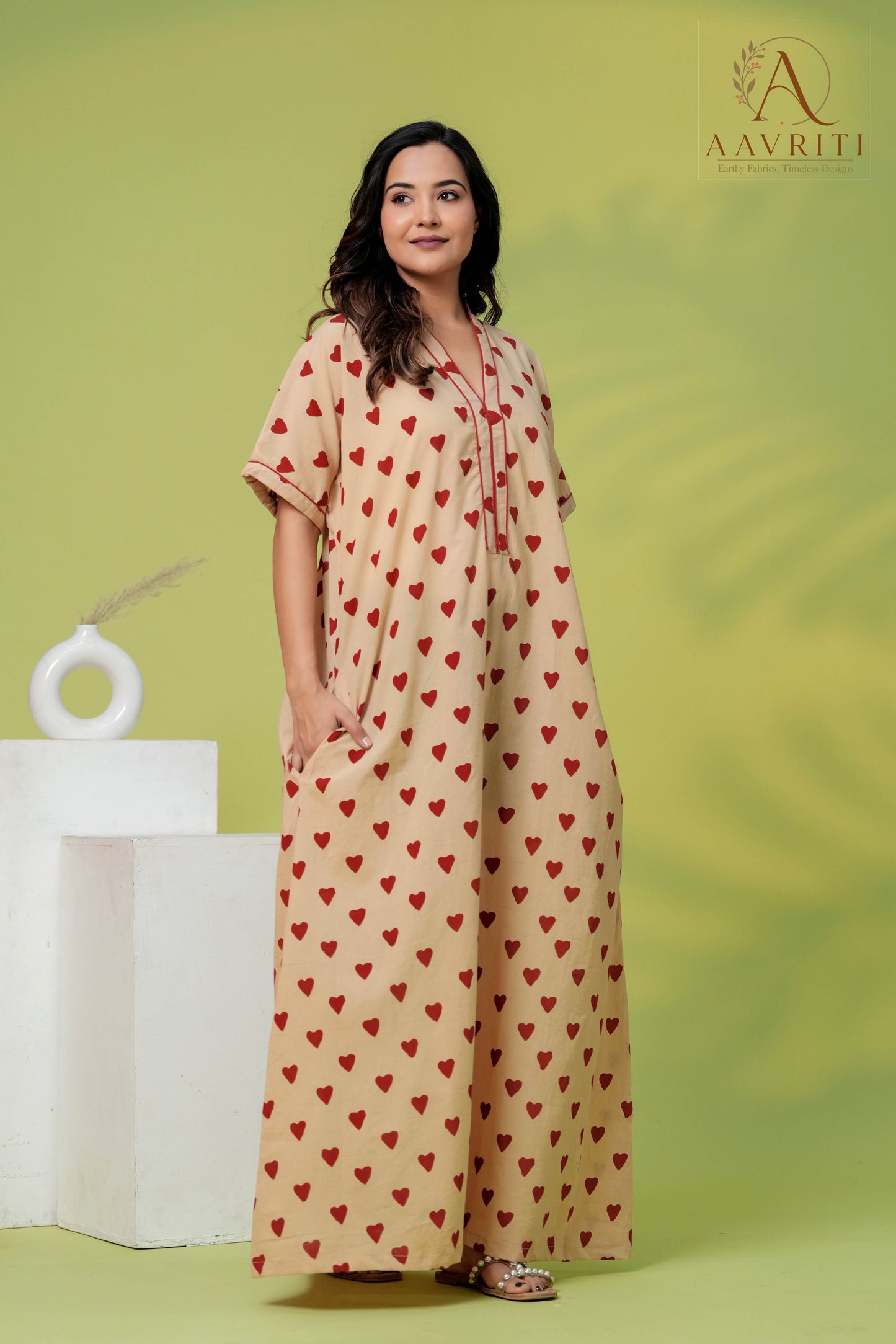 Aavriti Beige Red Heart Buti Hand Block Printed Cotton Loungewear Kaftan
